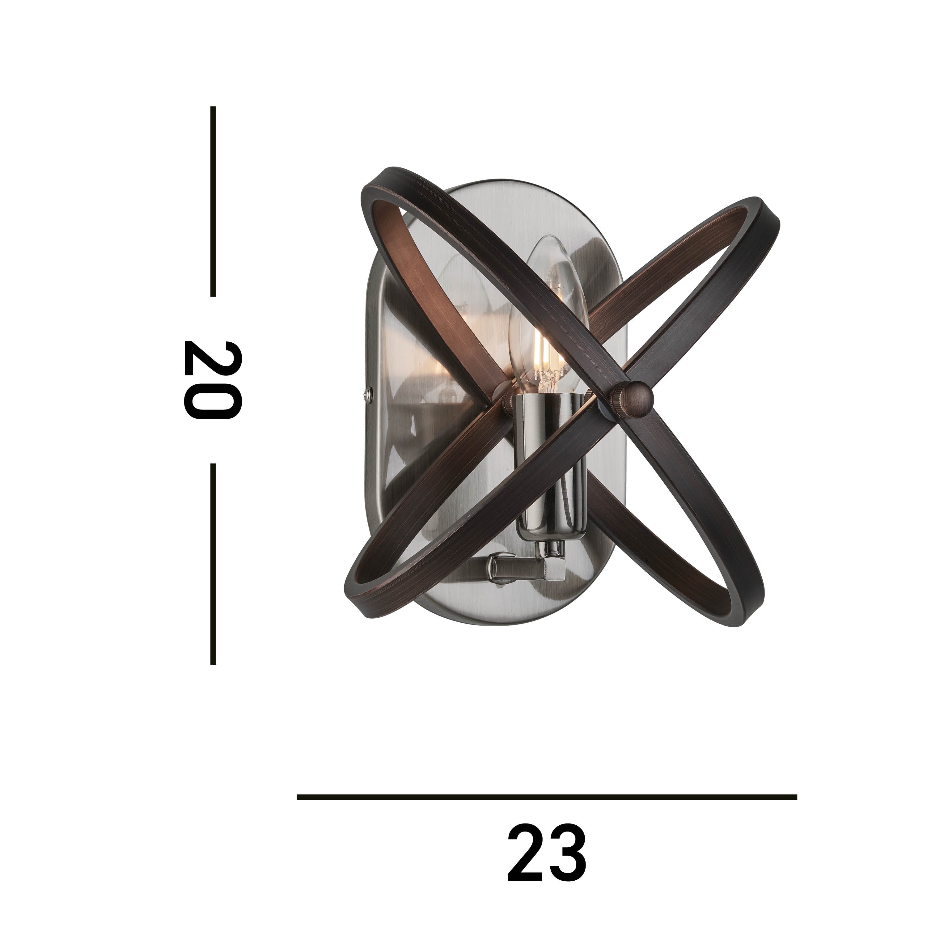 A diagram showing the dimensions of the wall sconce, 20 units tall by 23 units wide.
