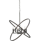 Modern chandelier with six exposed bulbs and intersecting dark metal rings.