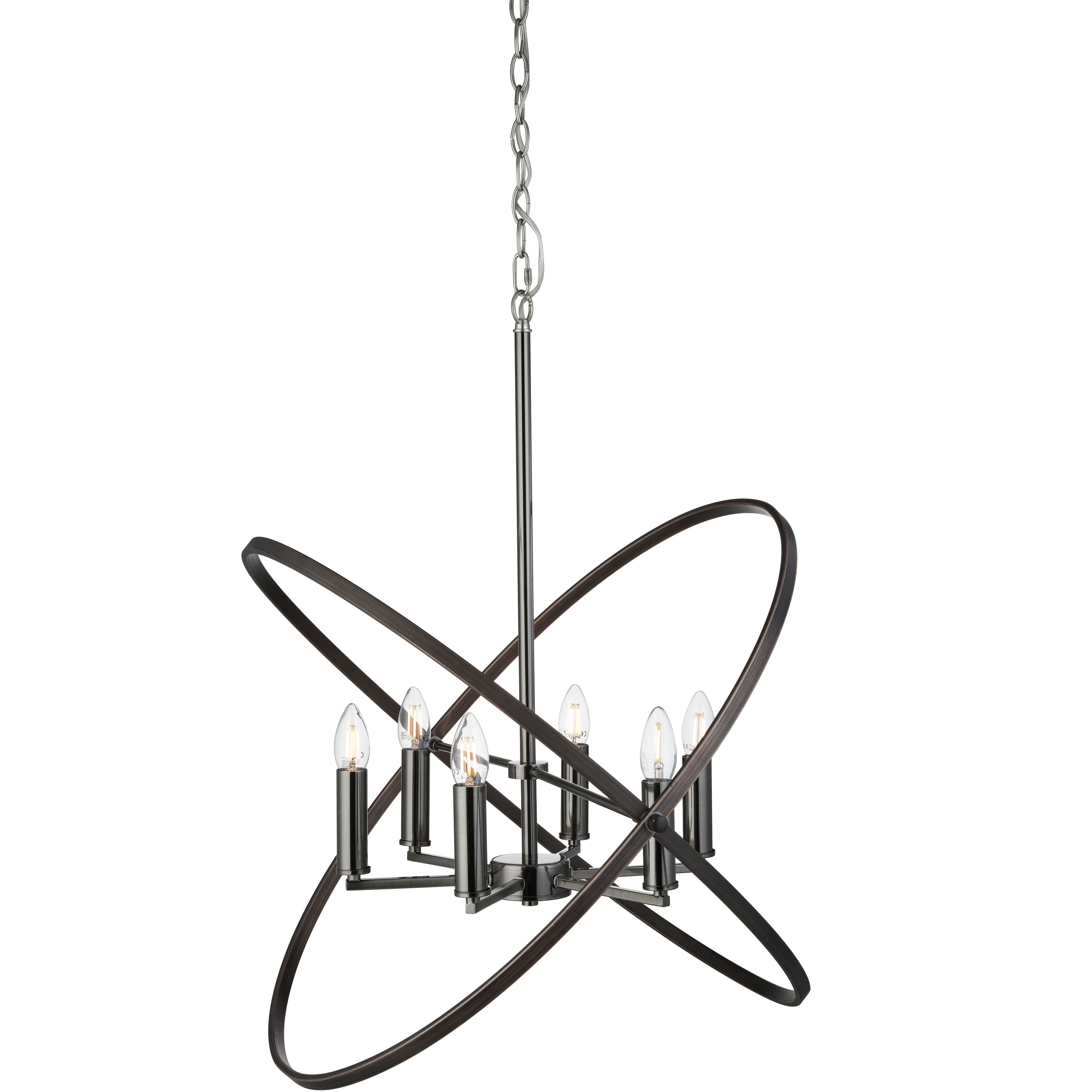 Modern chandelier with six exposed bulbs and intersecting dark metal rings.