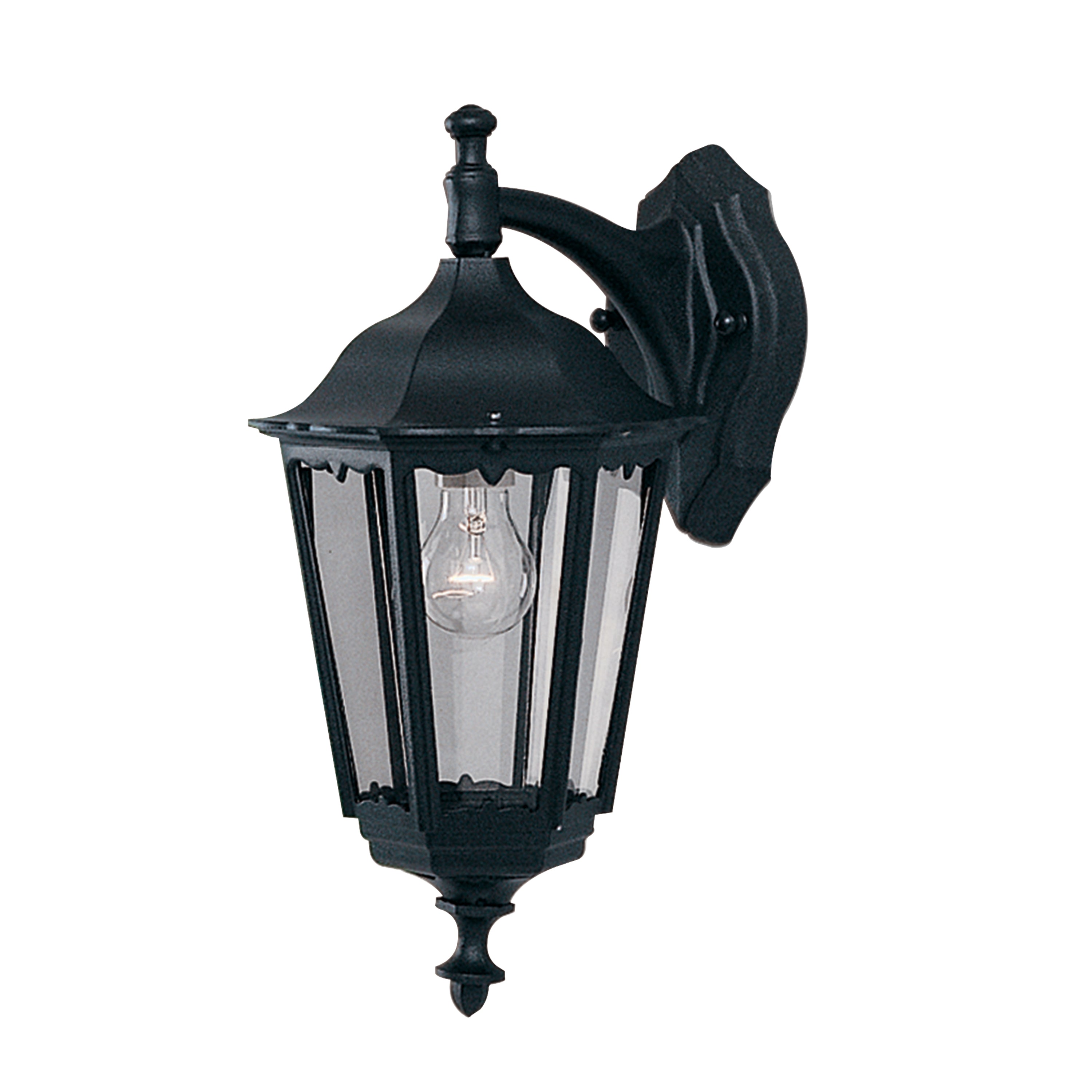 Classic black outdoor wall light with clear glass panels and a visible incandescent bulb.