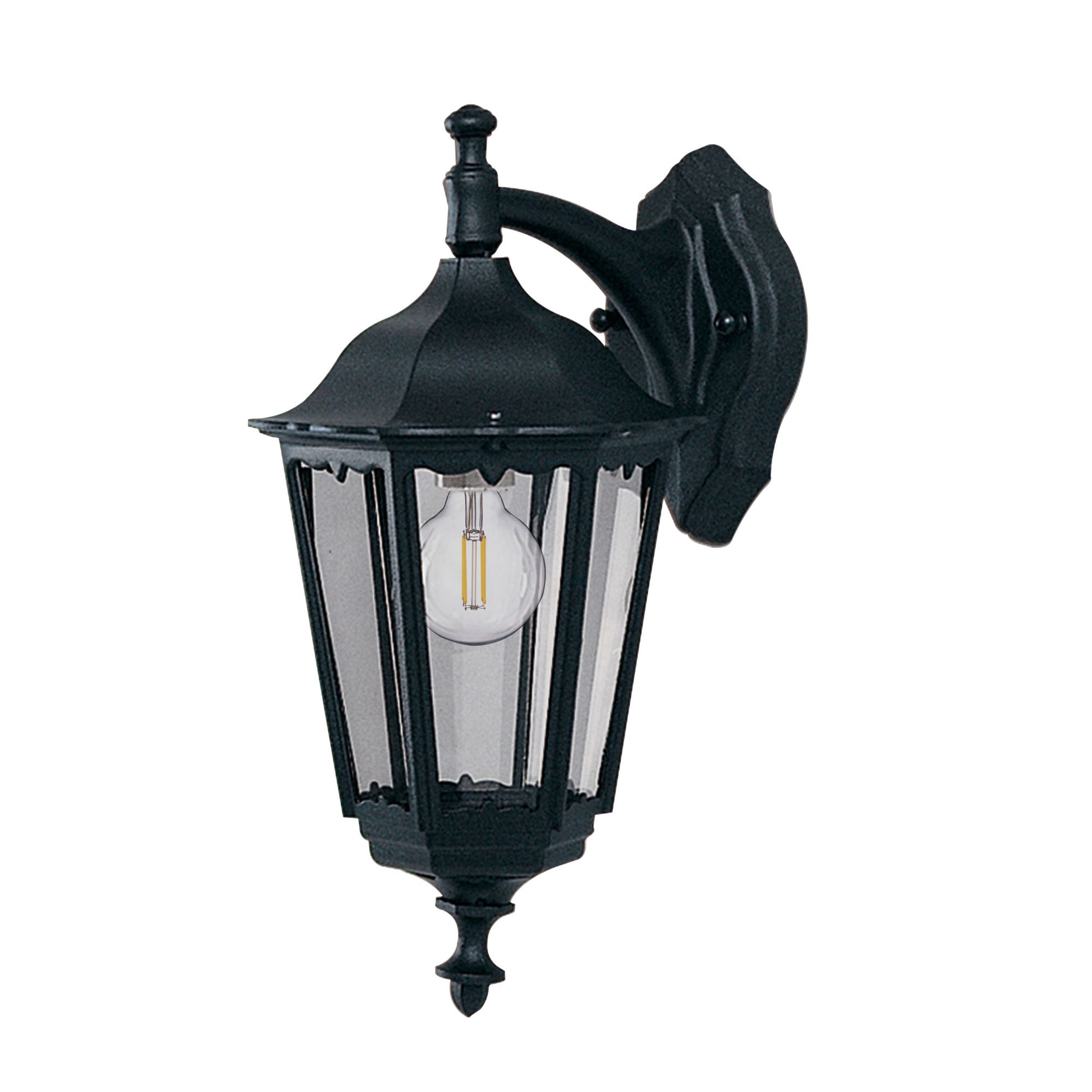Black outdoor wall light with clear panels showcasing an energy-efficient LED bulb.