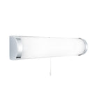 A modern chrome and white bathroom vanity light with a pull cord switch.