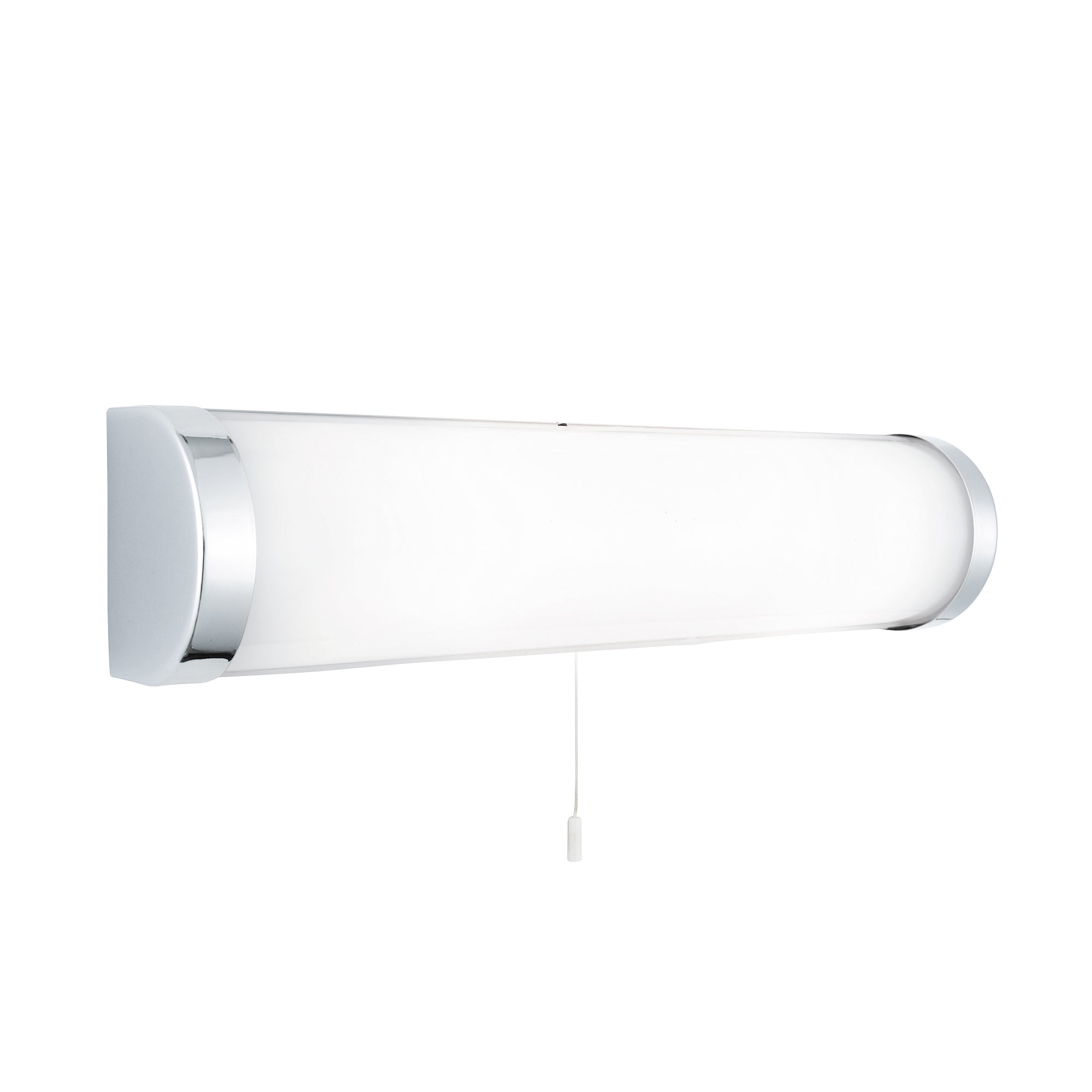 A modern chrome and white bathroom vanity light with a pull cord switch.