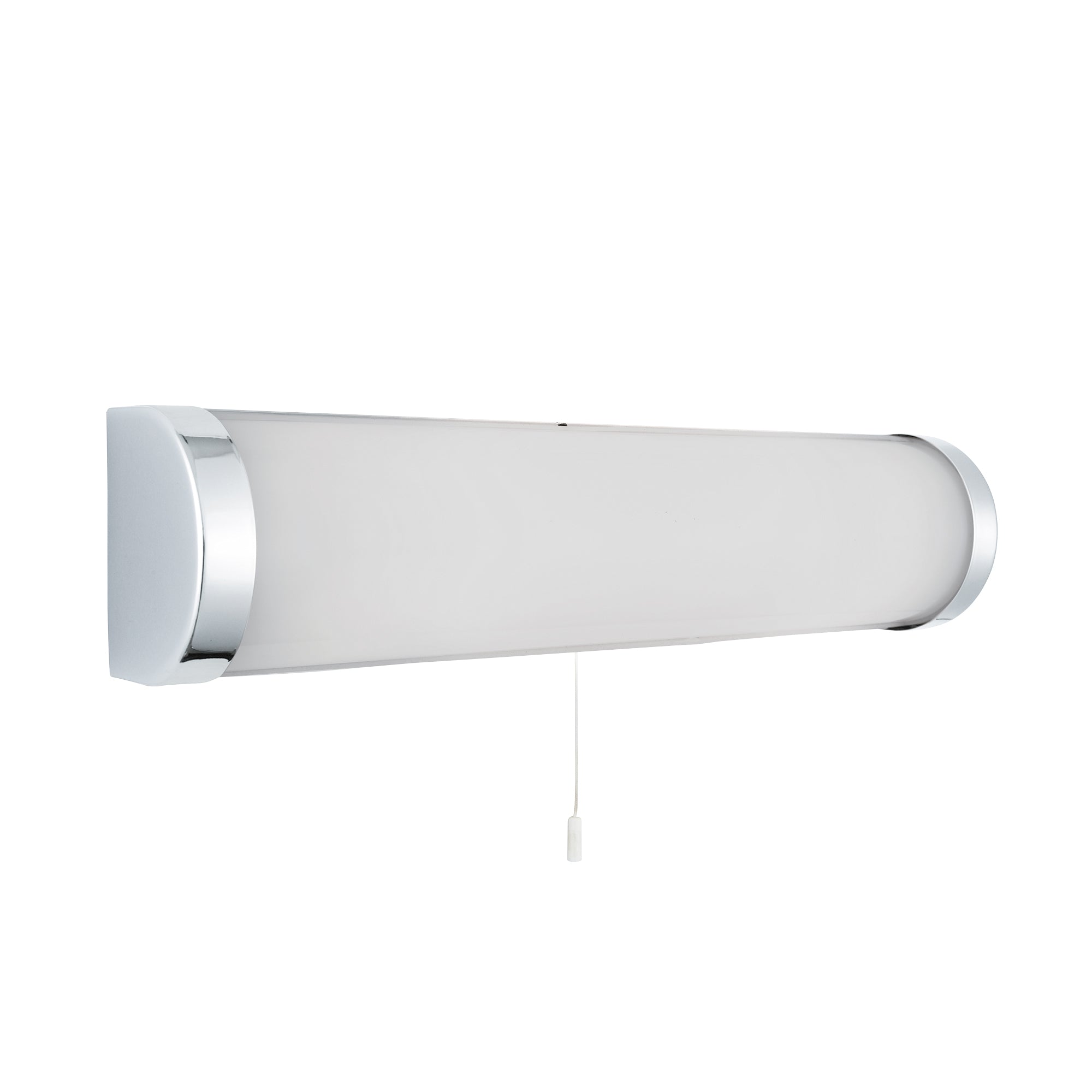A modern chrome and white bathroom vanity light with a pull cord switch.