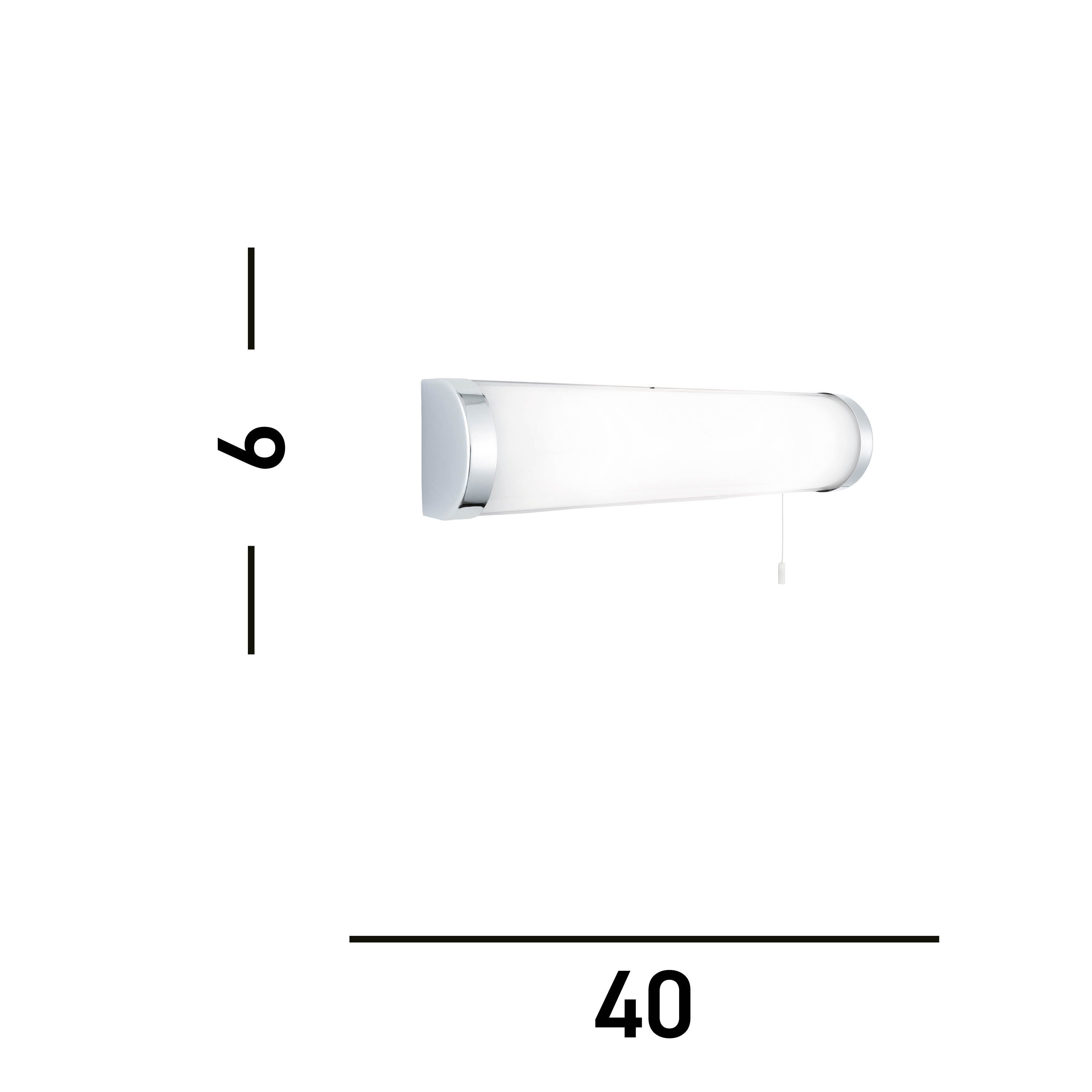 A modern chrome and white bathroom vanity light with dimensions of 40x9 units.