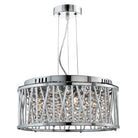 Chrome pendant light with crystal filling and linear cage design, illuminated.
