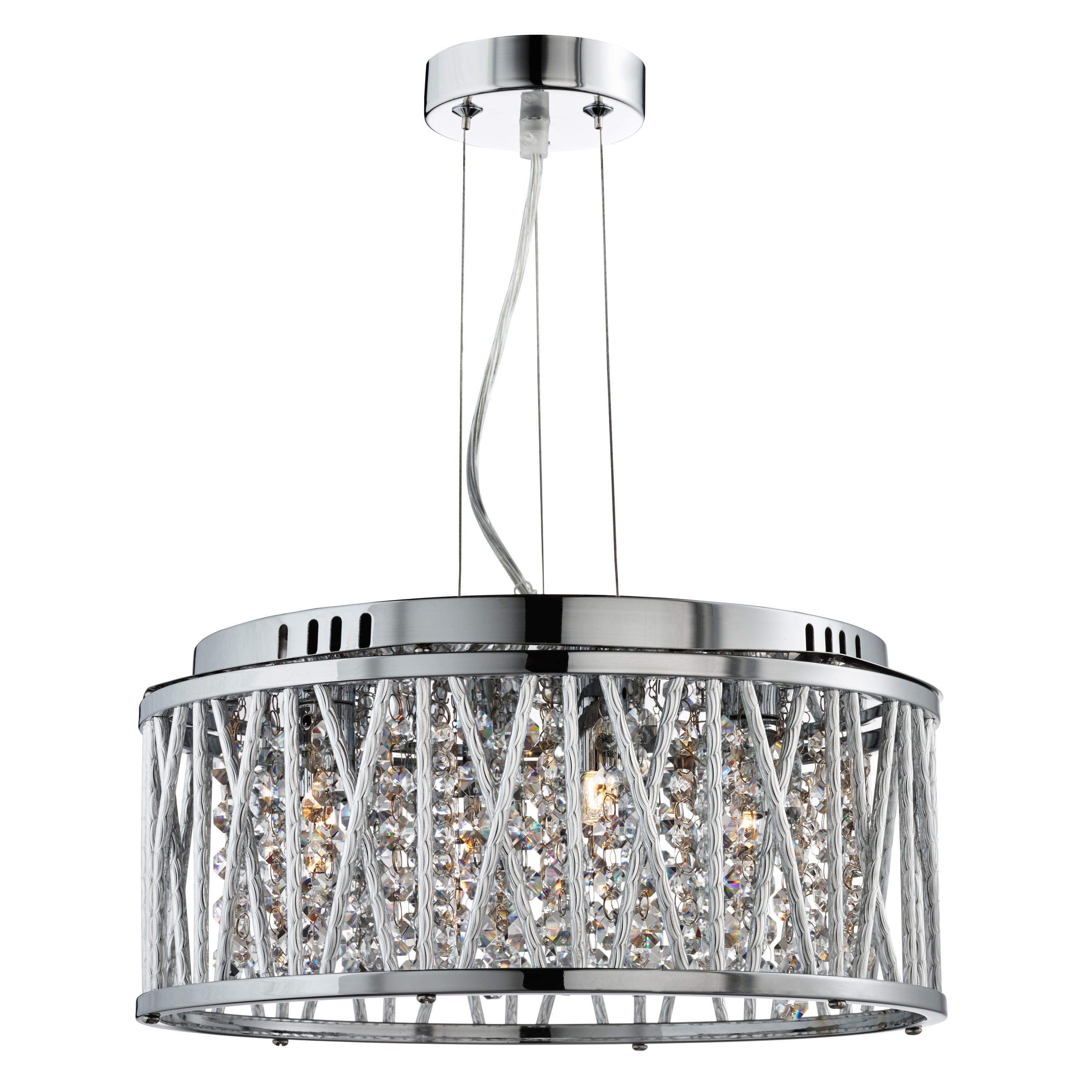 Chrome pendant light with crystal filling and linear cage design, illuminated.