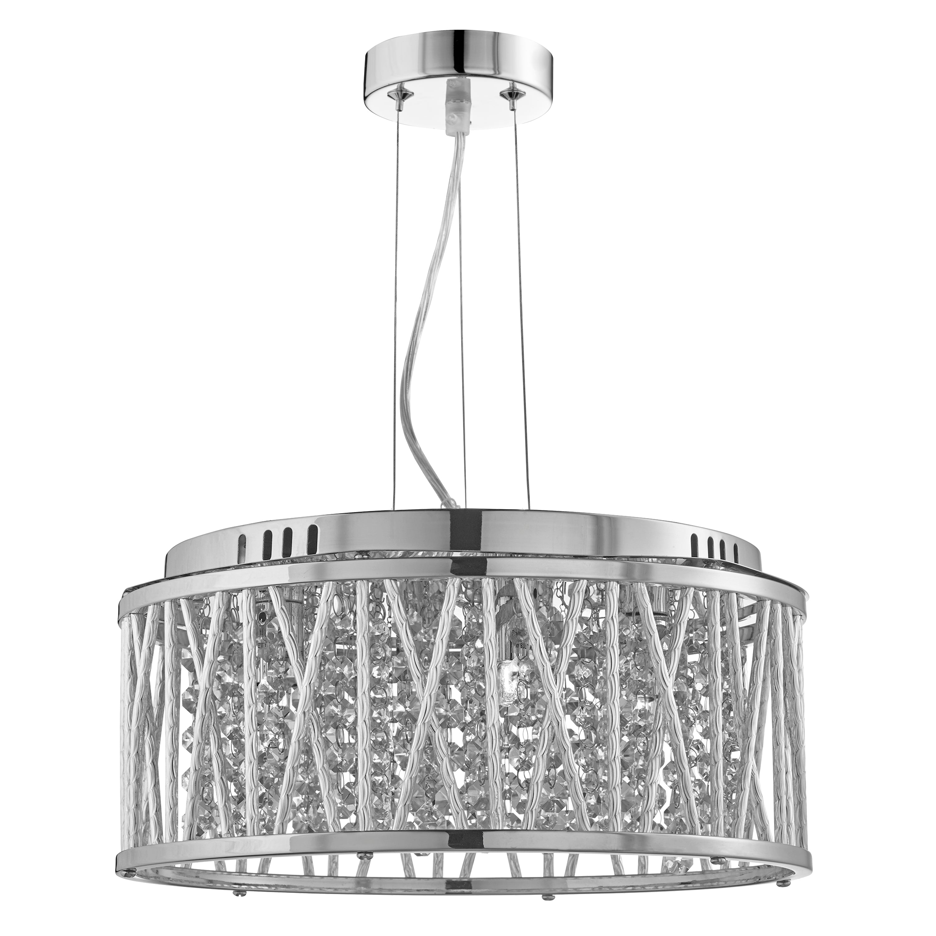 Chrome pendant light with crystal filling and linear cage design.