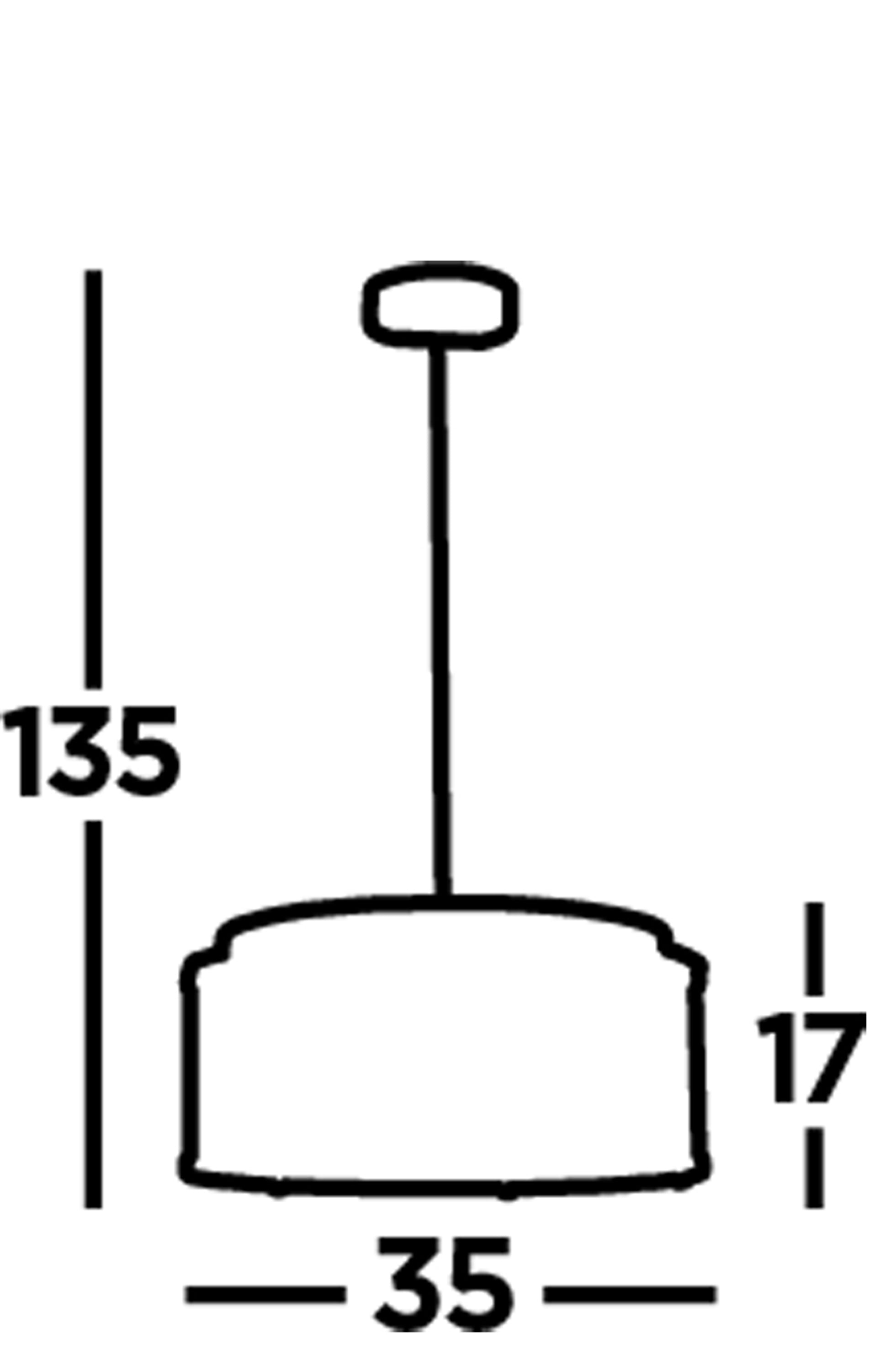 Line drawing with dimensions of the pendant light fixture in centimeters. 135x35x17.