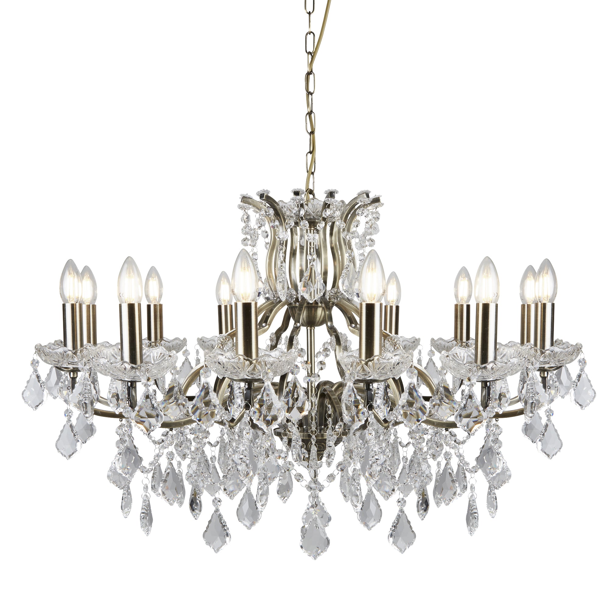 A 12-light crystal chandelier with a brass finish on a white background.