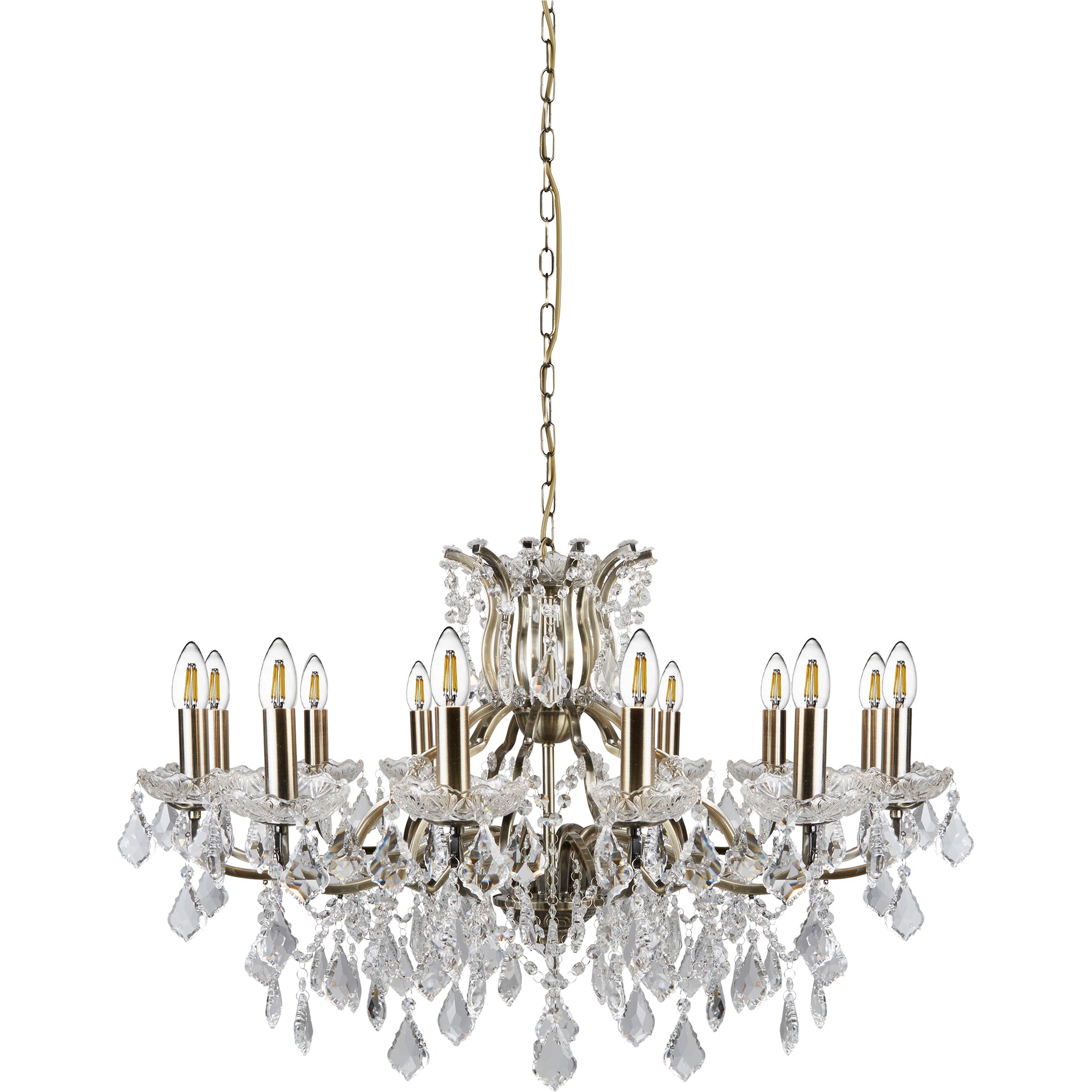 A 12-light crystal chandelier with a brass finish on a white background.