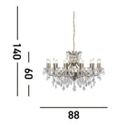 A 12-light crystal chandelier with dimensions of 140cm height and 88cm width.