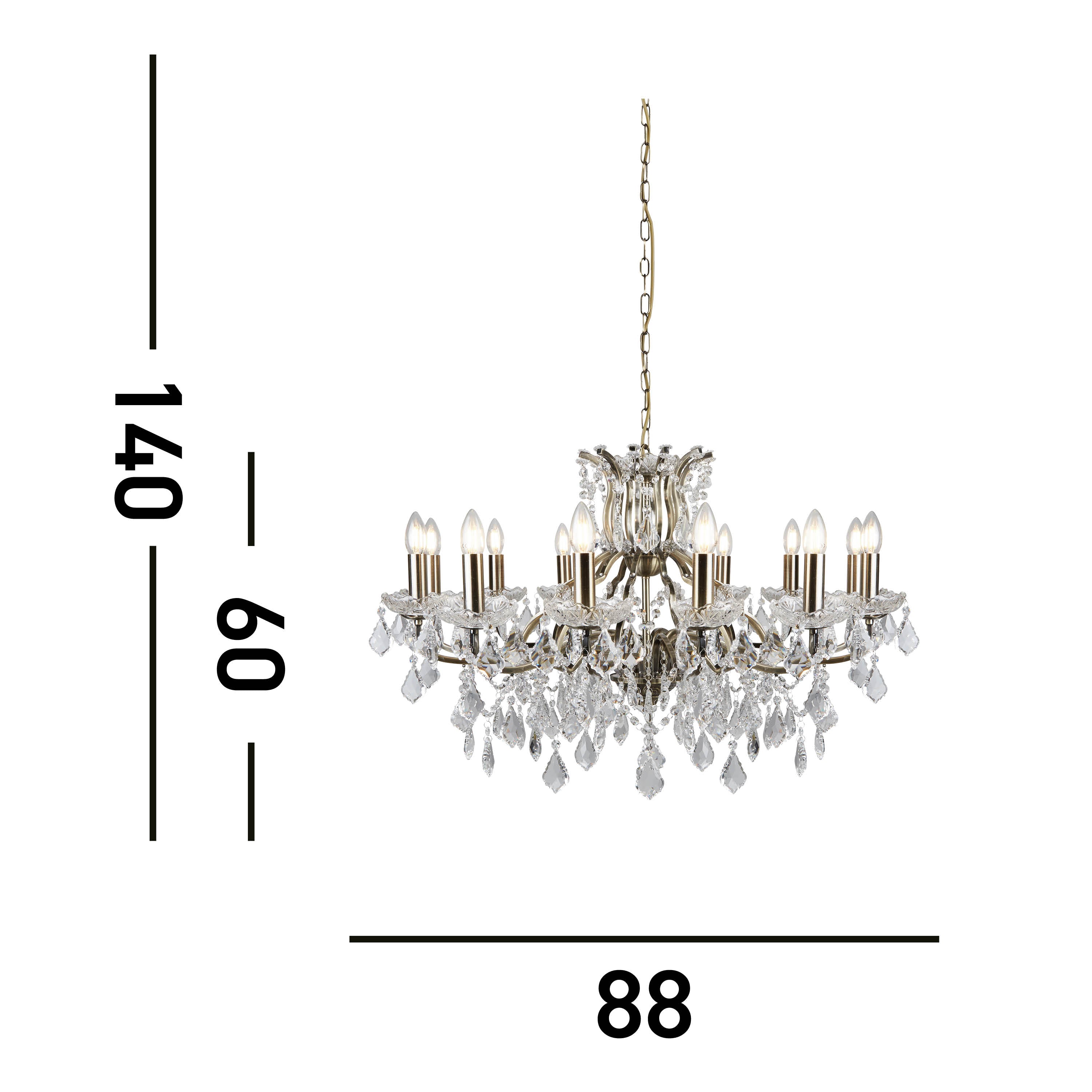 A 12-light crystal chandelier with dimensions of 140cm height and 88cm width.