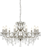 A brushed chrome and crystal 10-arm chandelier with candle-style bulbs.