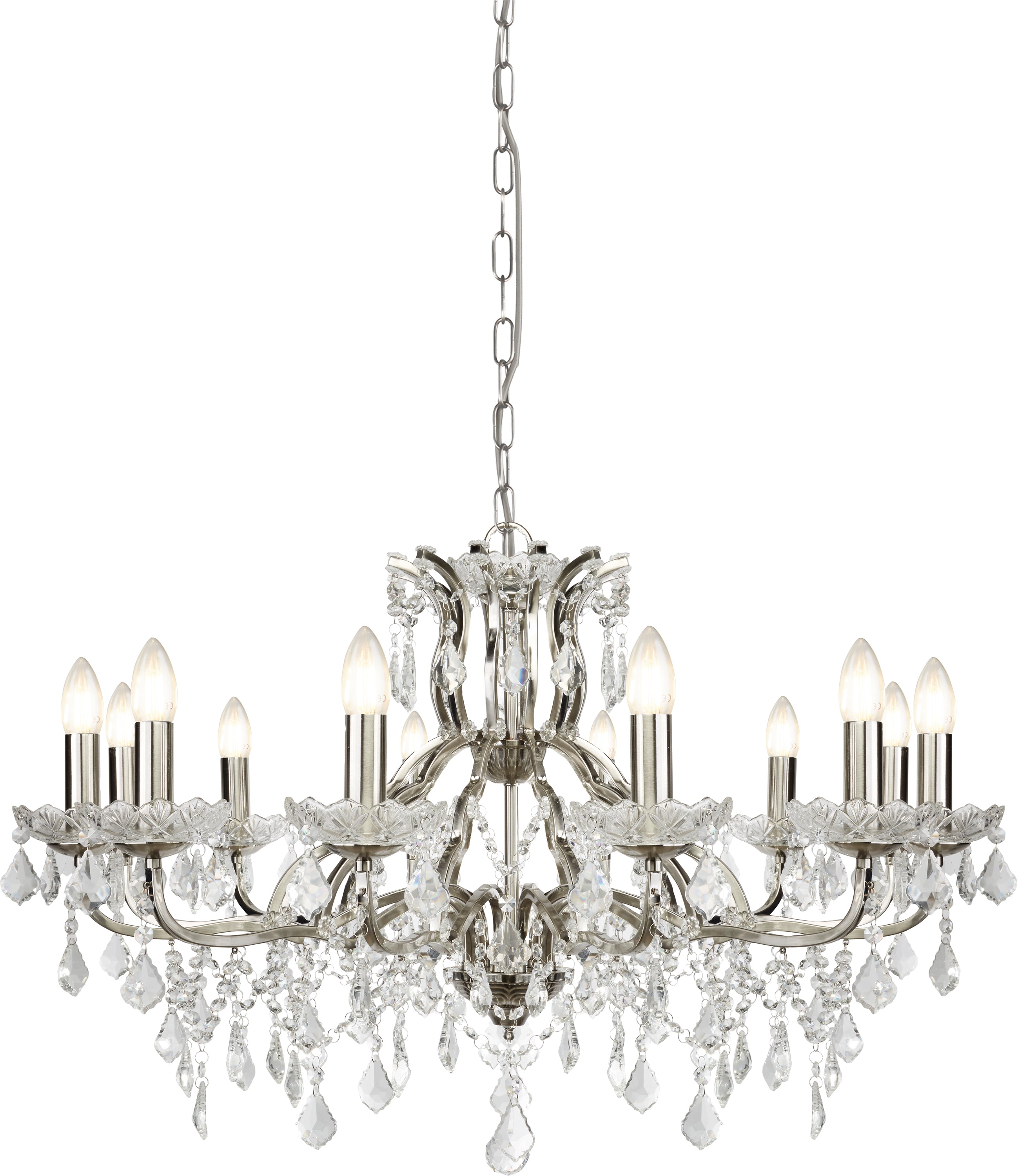A brushed chrome and crystal 10-arm chandelier with candle-style bulbs.