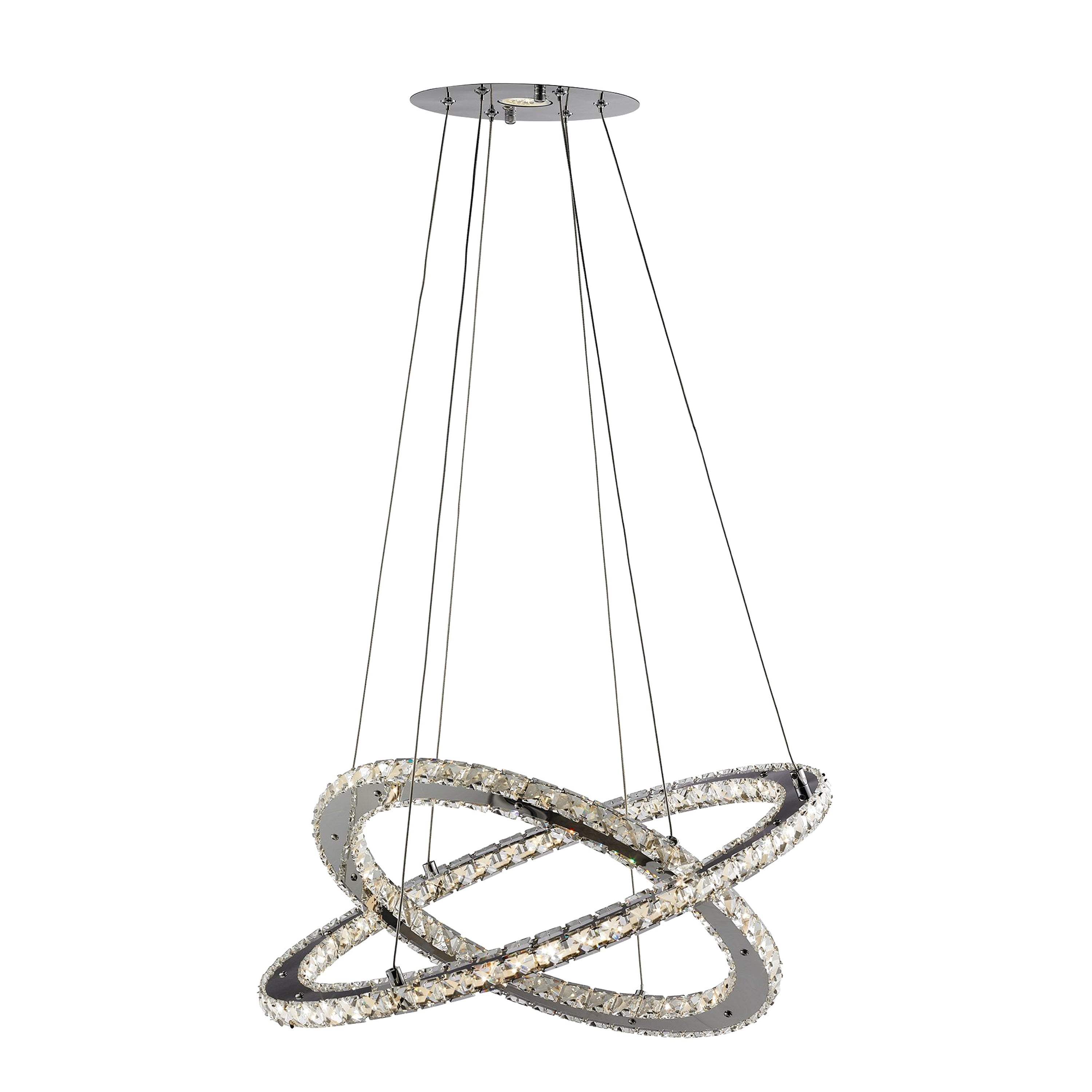 Modern crystal LED pendant light, featuring two intertwined rings with sparkling crystals.