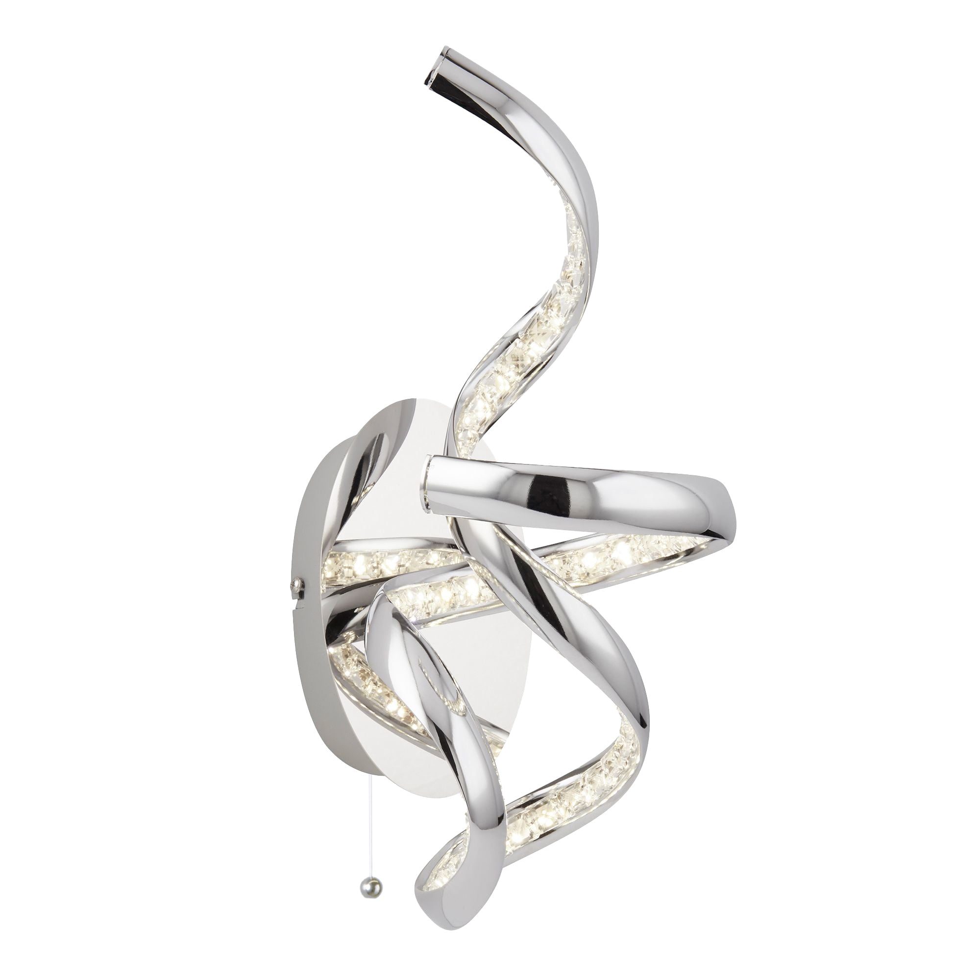 A modern chrome spiral LED wall light with embedded crystals and a pull chain.