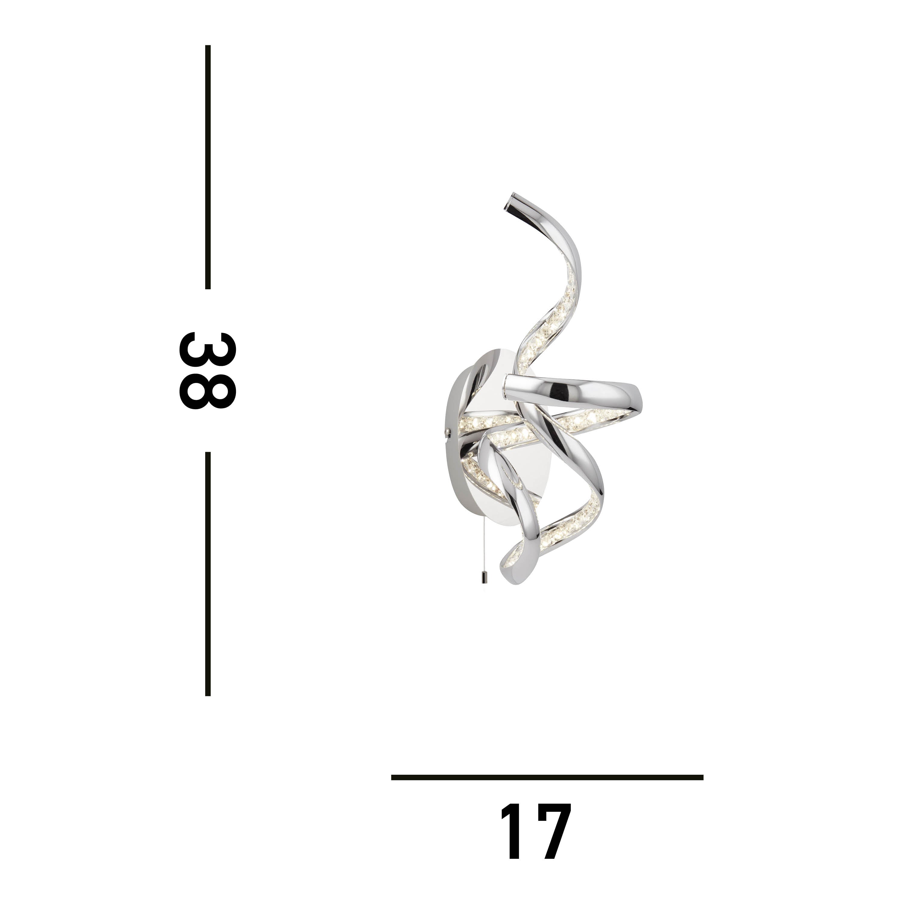 Dimensions of the chrome spiral LED wall light: 38cm height, 17cm width.