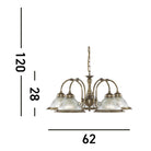 Diagram of a five-light antique brass chandelier showing dimensions in centimeters.