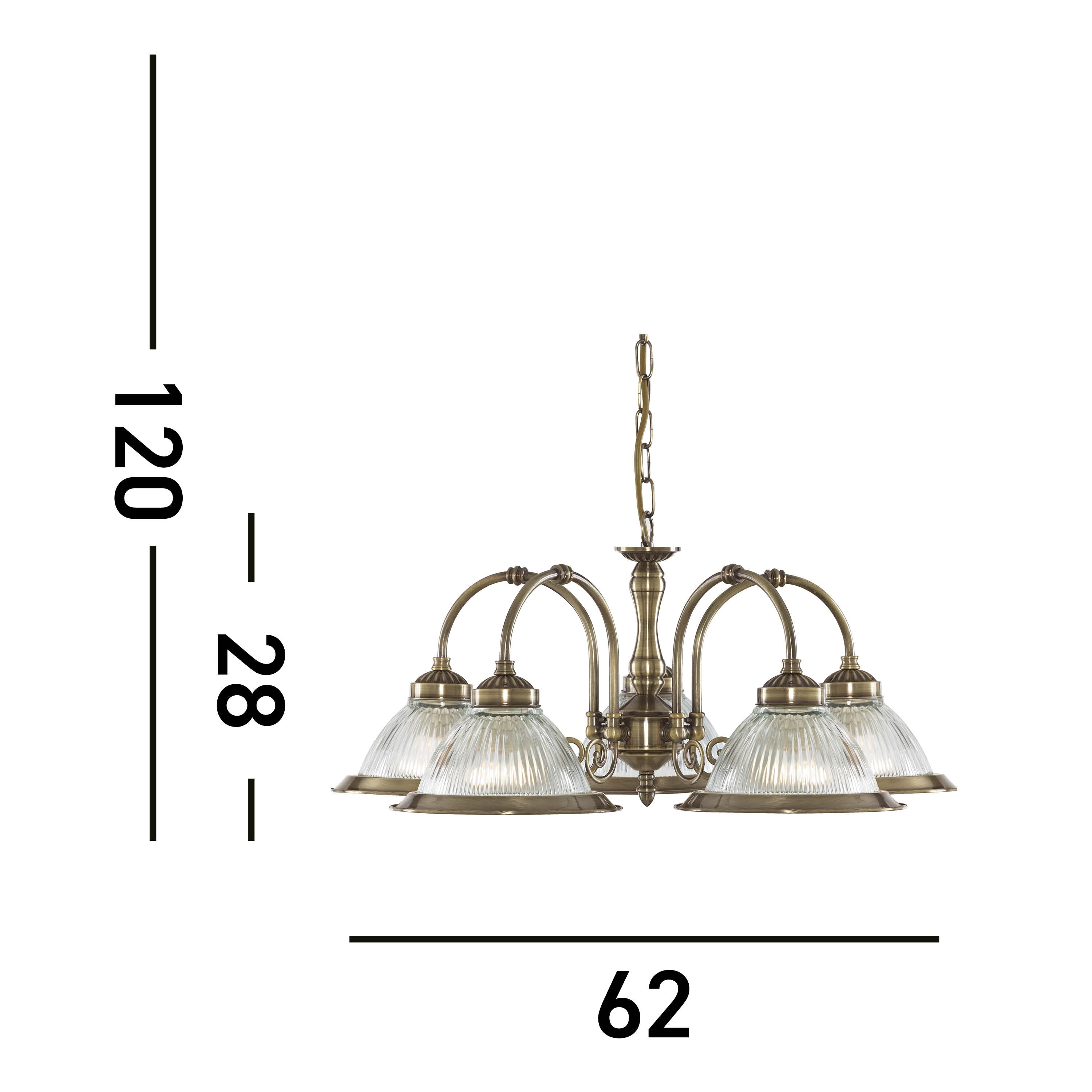 Diagram of a five-light antique brass chandelier showing dimensions in centimeters.