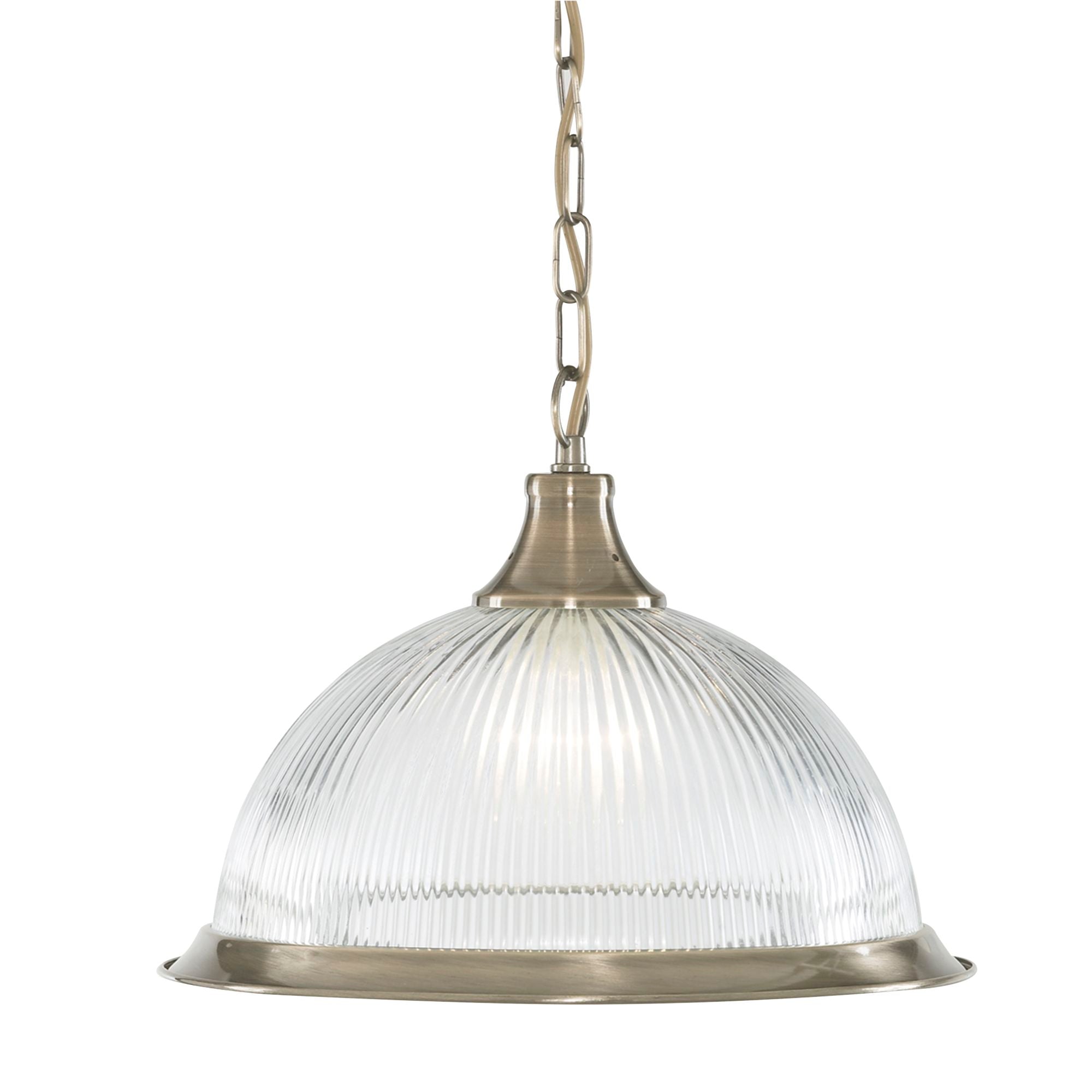 A clear ribbed glass dome pendant light with an antique brass fixture and chain.