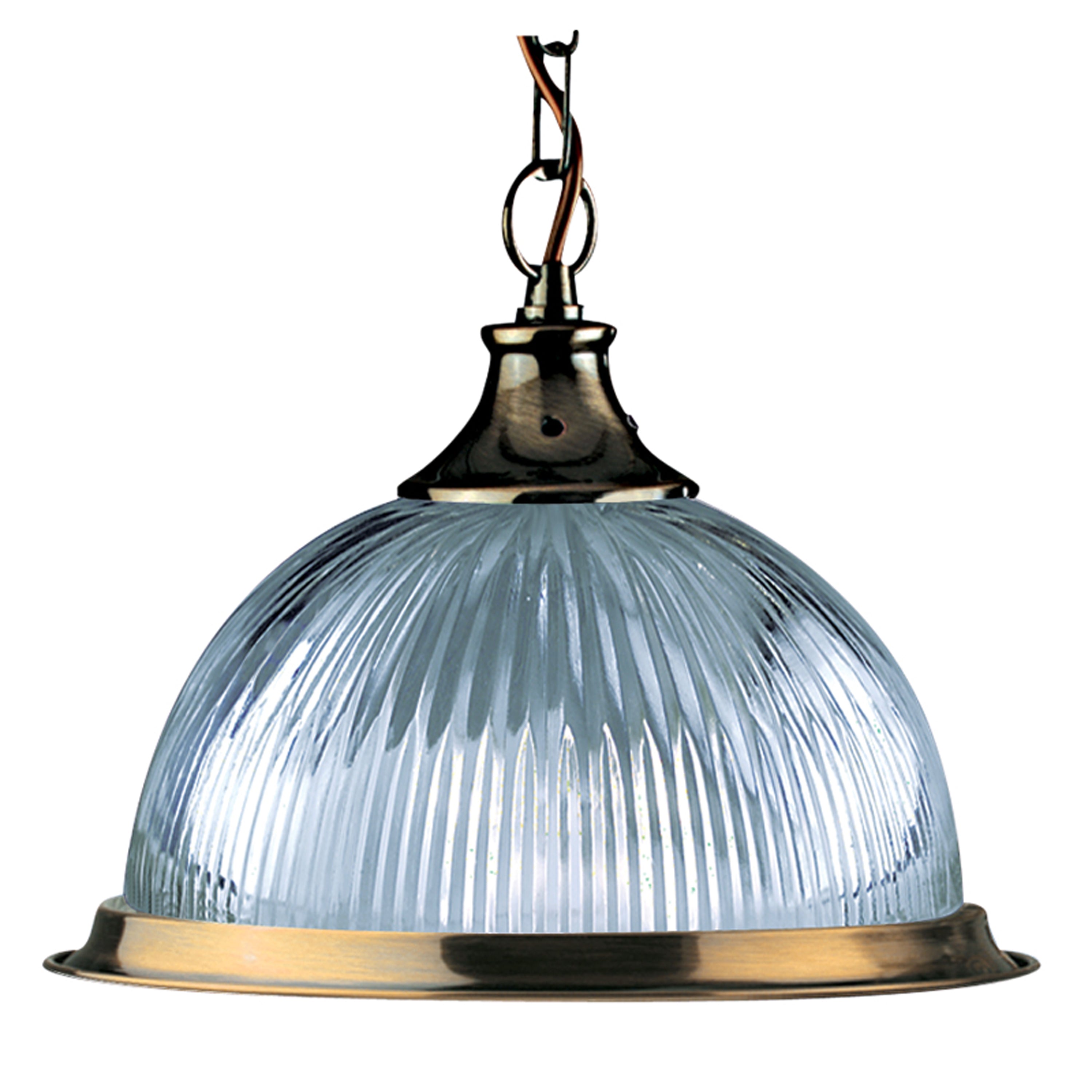 A ribbed glass dome pendant light with an antique brass fixture and chain.