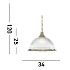 Dimensions of a ribbed glass dome pendant light, showing a height of 120cm and width of 34cm.