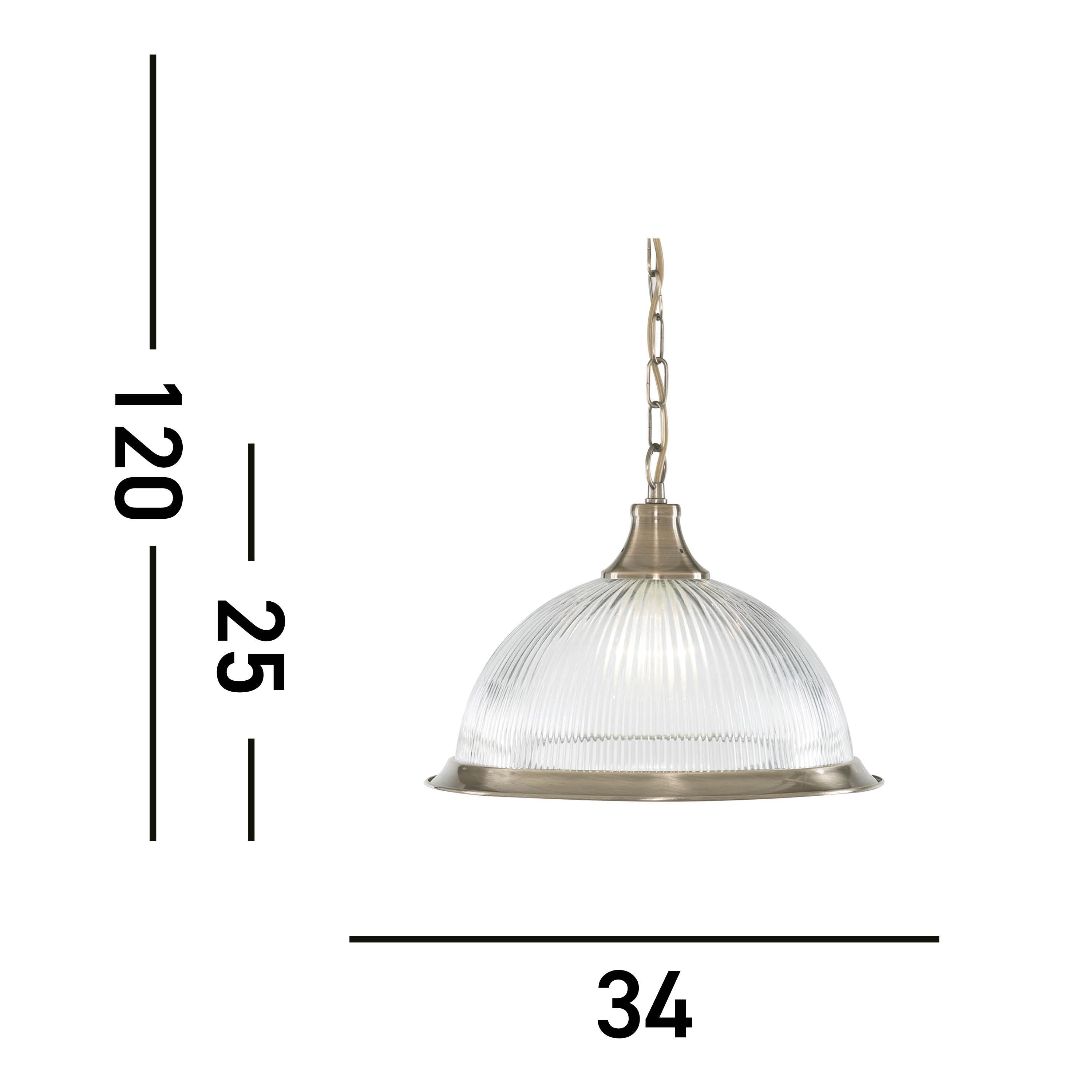 Dimensions of a ribbed glass dome pendant light, showing a height of 120cm and width of 34cm.