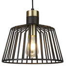 A black wire-cage pendant light with a brass accent and glowing bulb.