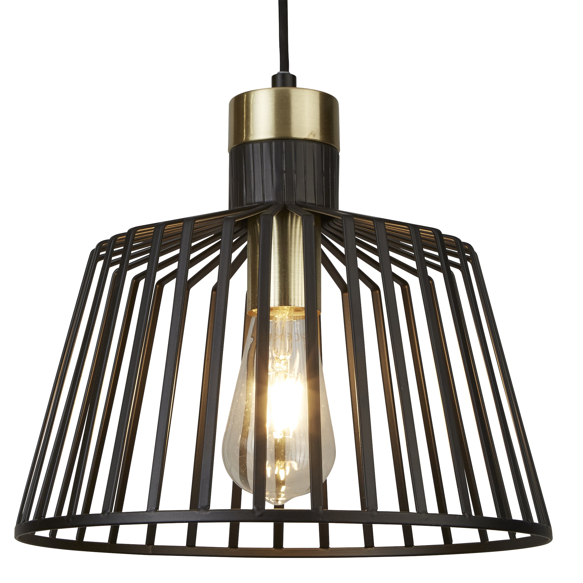 A black wire-cage pendant light with a brass accent and glowing bulb.