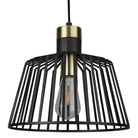 A black wire-cage pendant light with a brass accent and clear bulb.