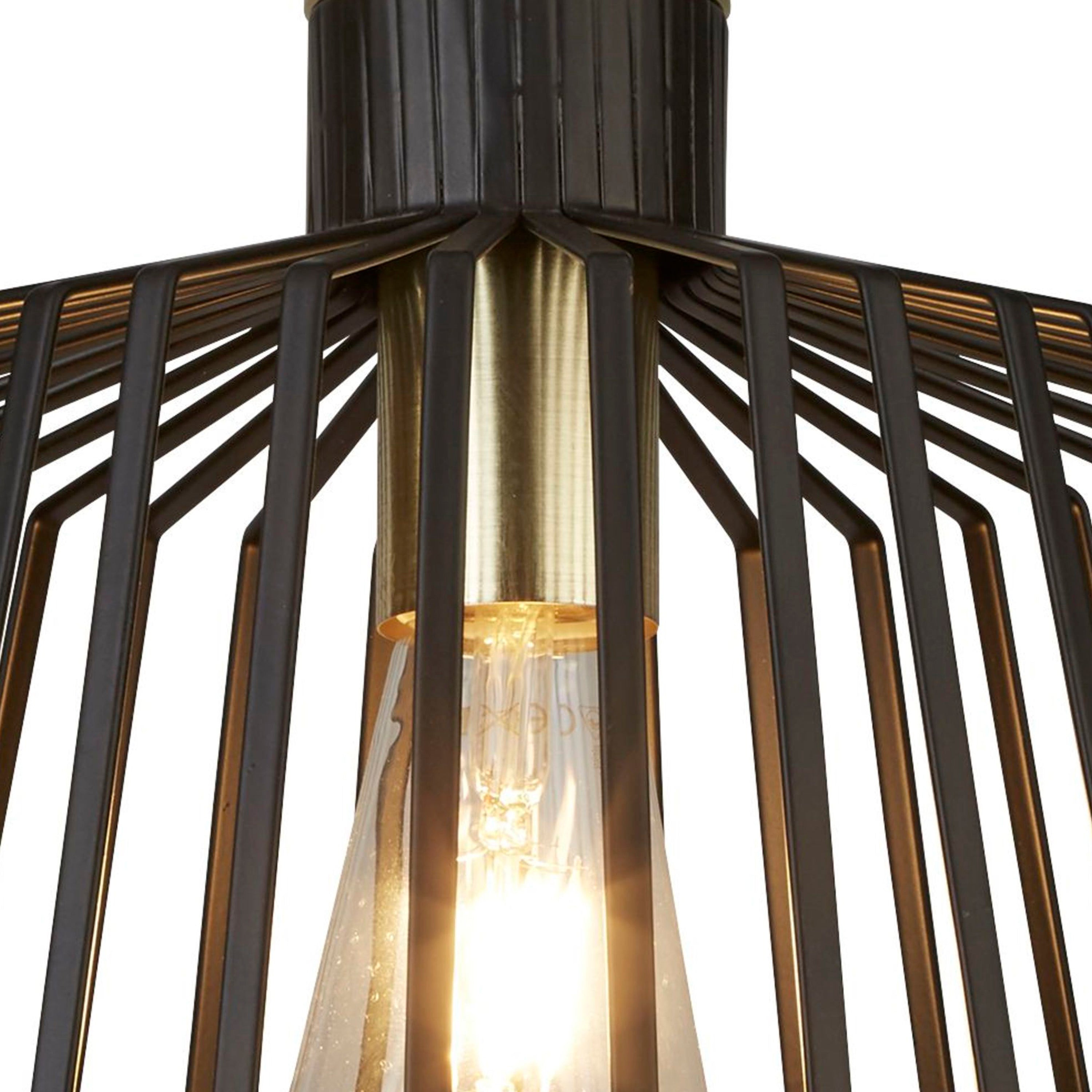 Close-up of a black wire-cage pendant light with a brass accent and bulb.