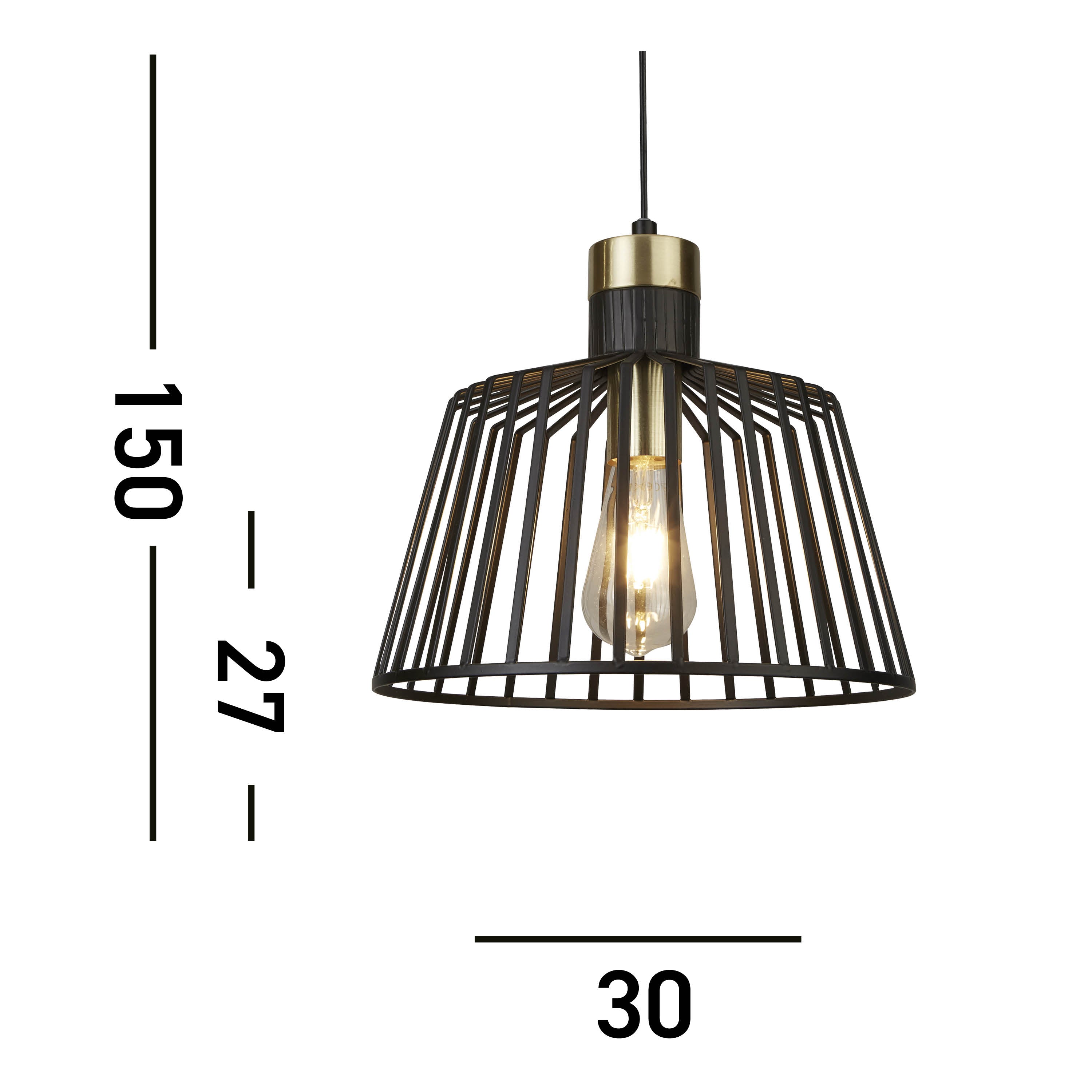 A black wire-cage pendant light with brass accent and dimensions.