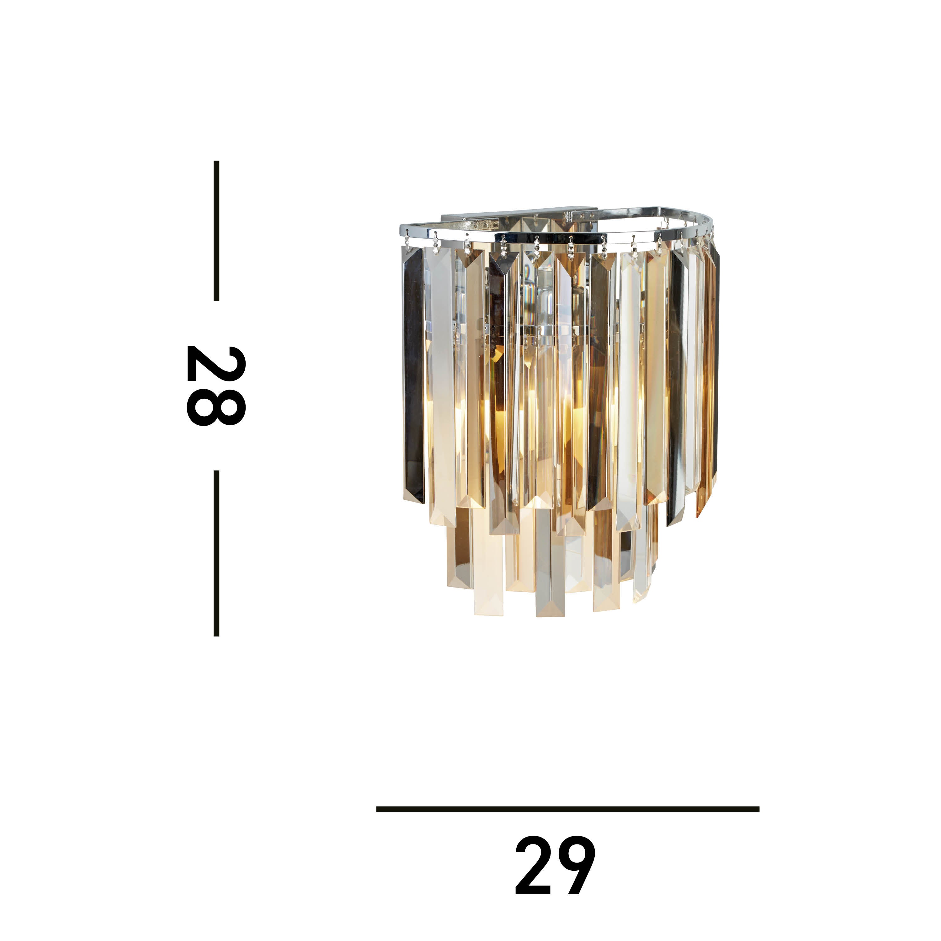 A crystal wall light with dimensions of 28x29 cm indicated on the image.