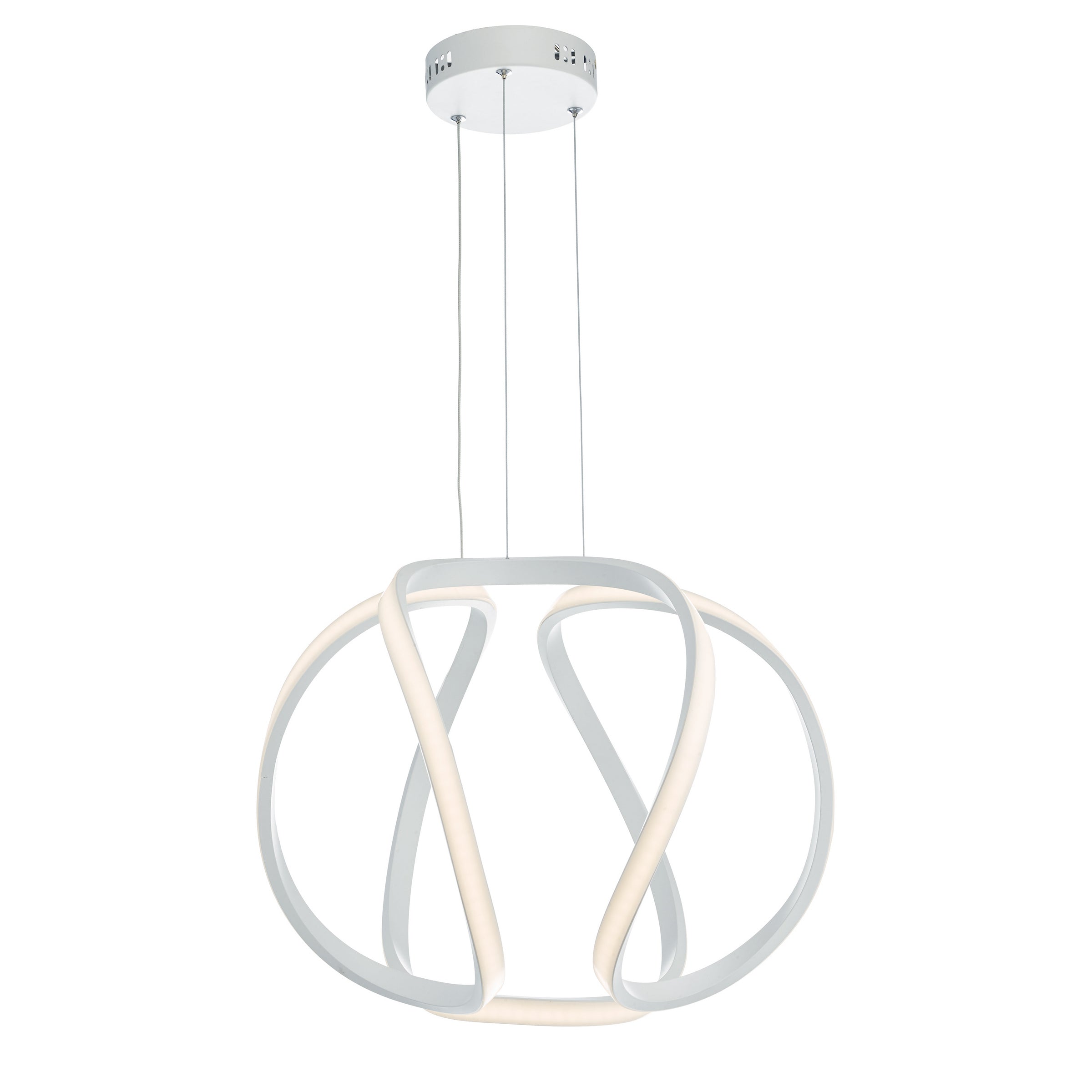 Modern chrome pendant light with intertwined, illuminated bands on a white background.