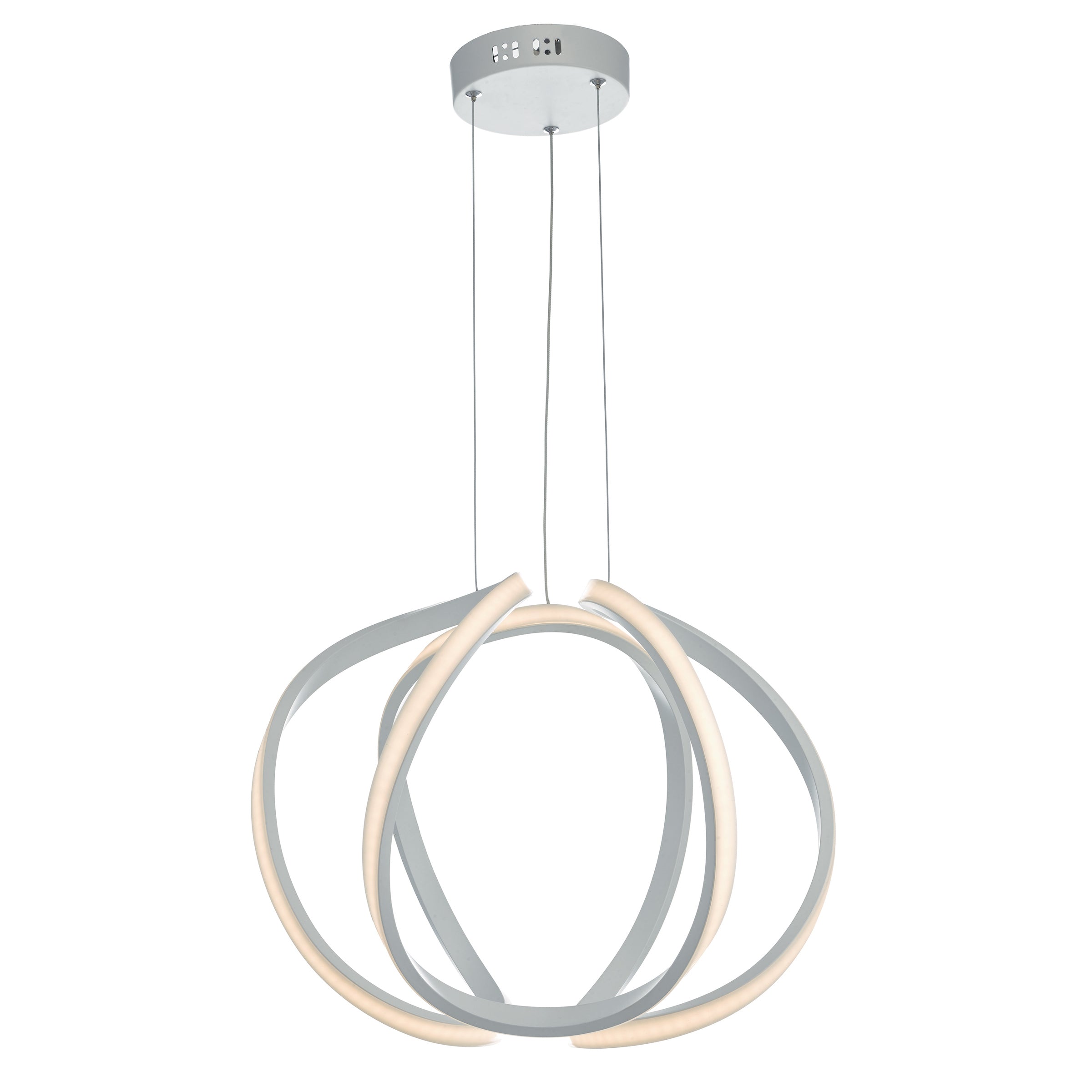 Full view of a modern chrome pendant light with illuminated curved bands.
