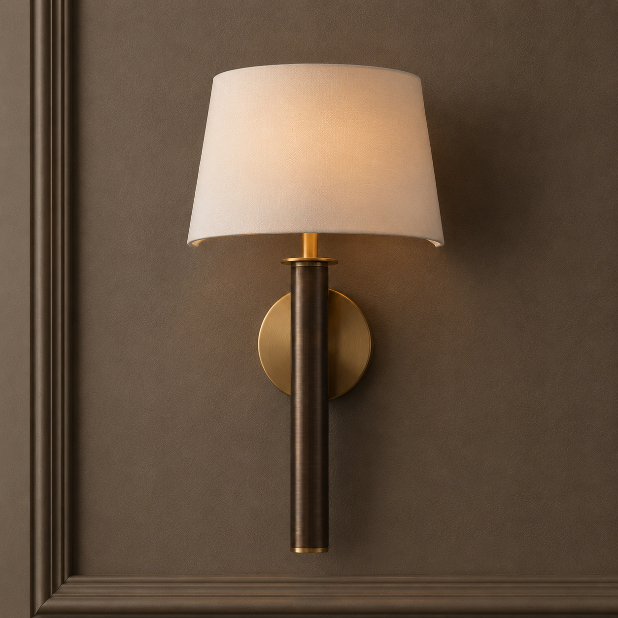 Donal Dark Antique Brass Wall Light with Off White Fabric Shade by RV Astley