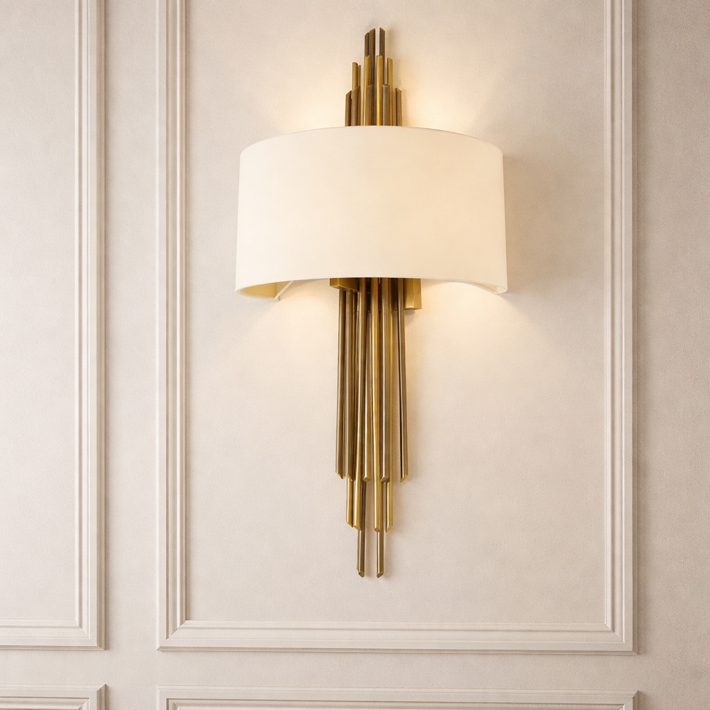 Evadne Antique Brass & Fabric Shade Wall Light by RV Astley