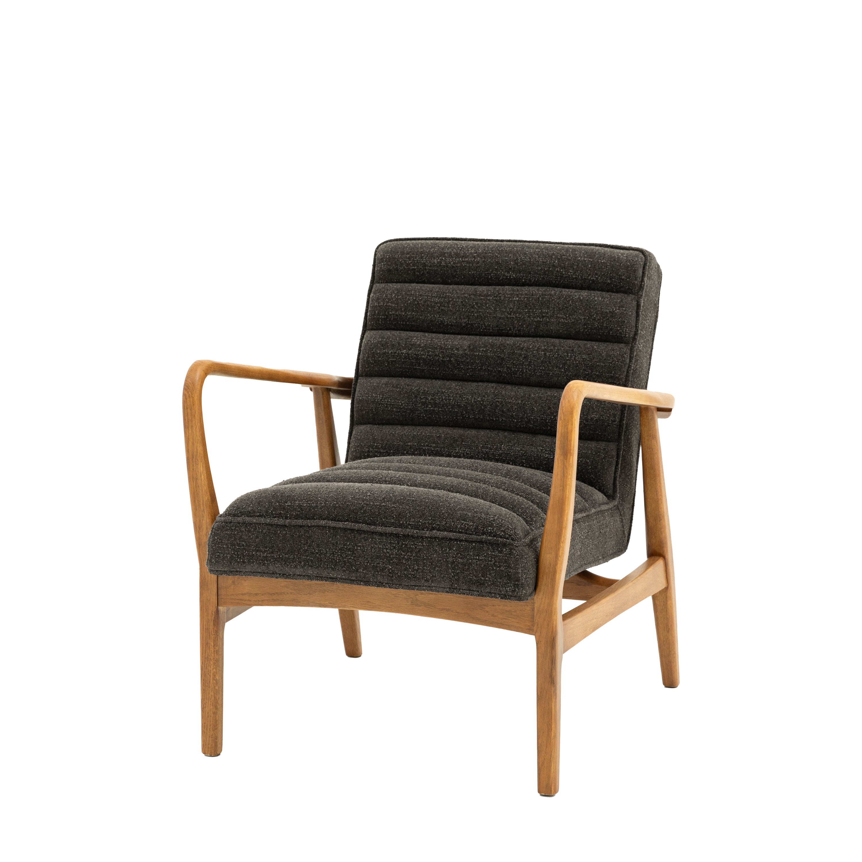 Angled front view of a gray upholstered armchair with a wooden frame.