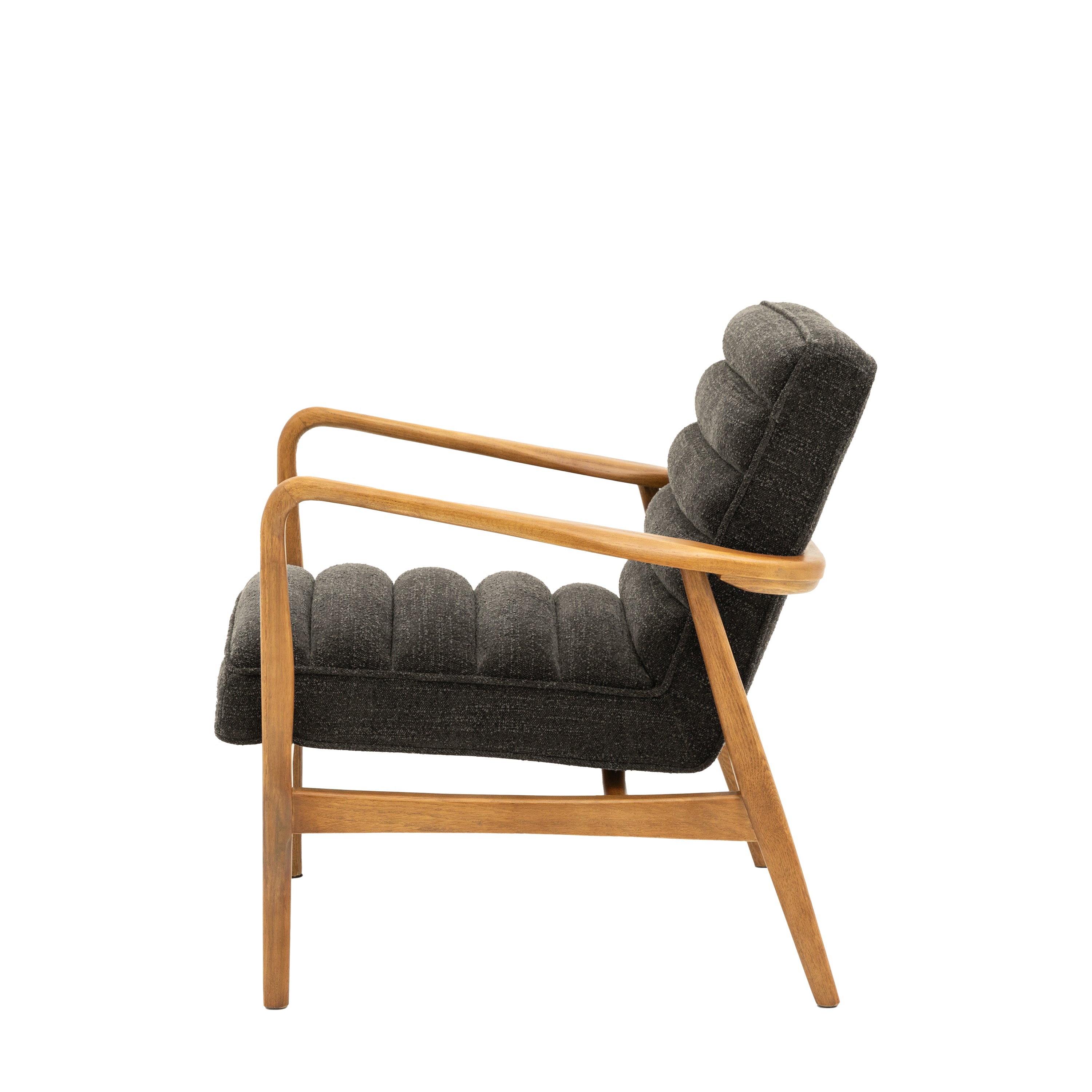 Side view of a gray upholstered armchair with a wooden frame.