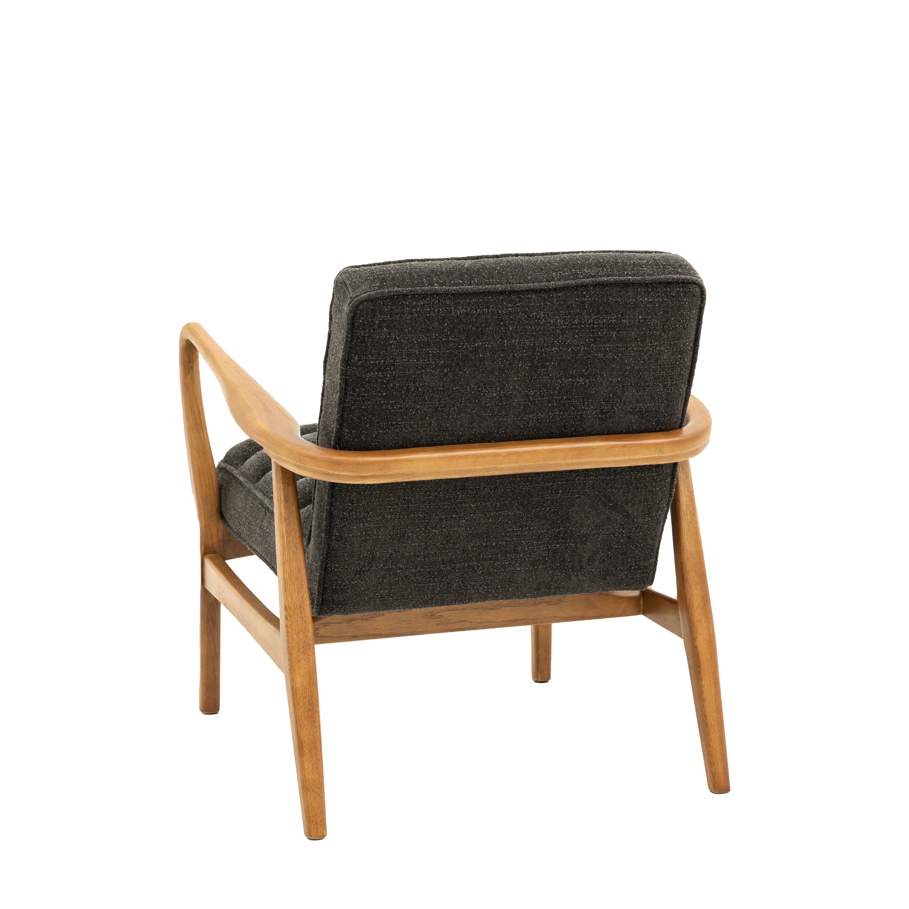 Back view of a gray upholstered armchair with a wooden frame.