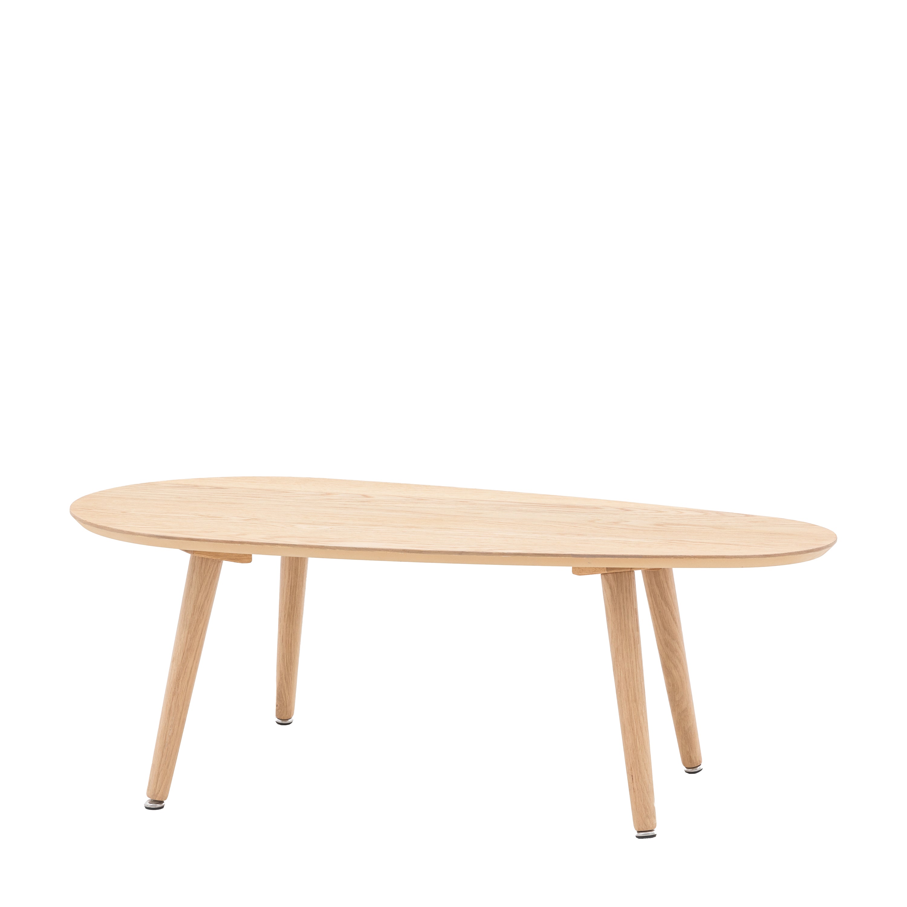 Wooden coffee table with an organic, pebble-like top shape and splayed legs for modern appeal.