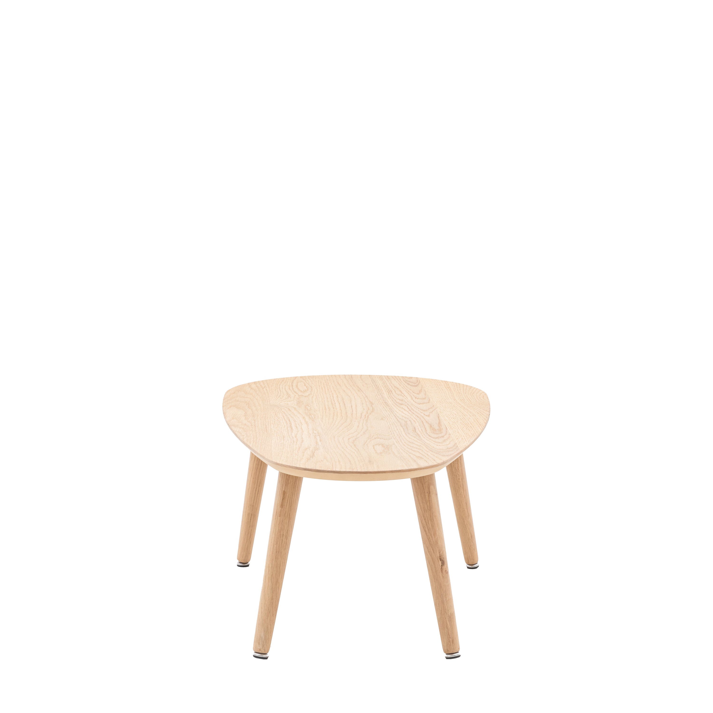 Compact light wood side table featuring a rounded triangular top and three splayed legs.