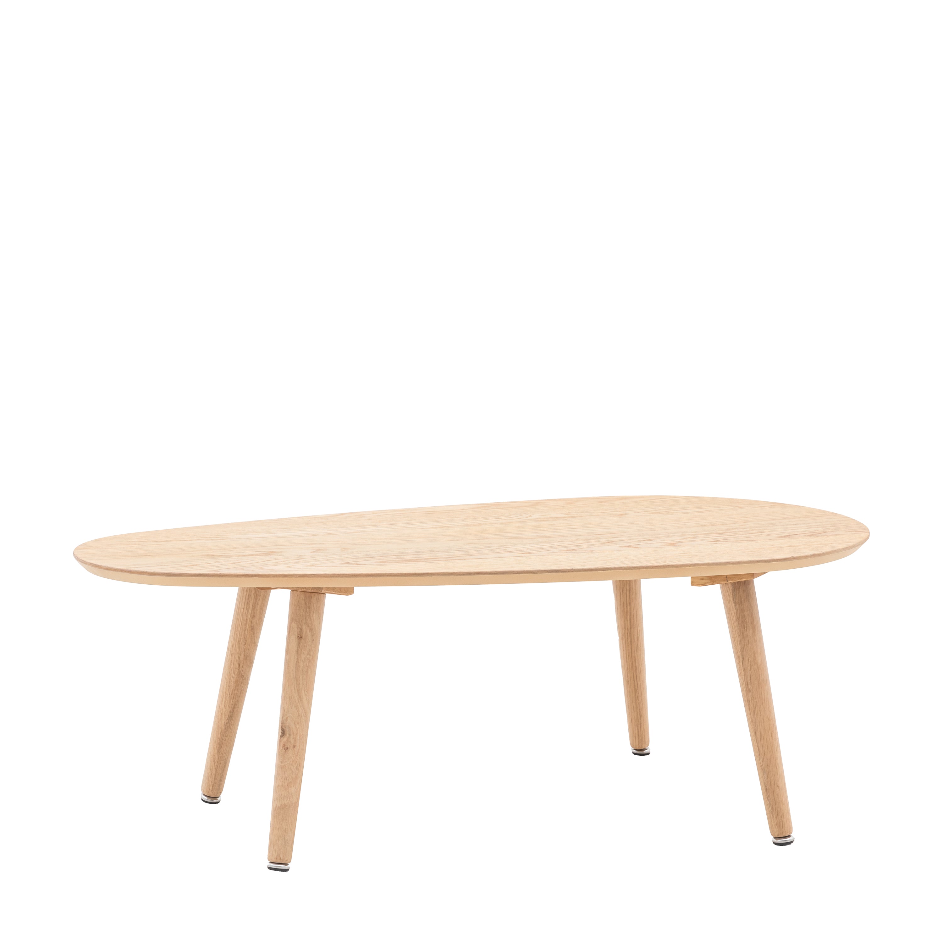 Pale wood coffee table with a smooth, curved top and four slender, angled legs for support.