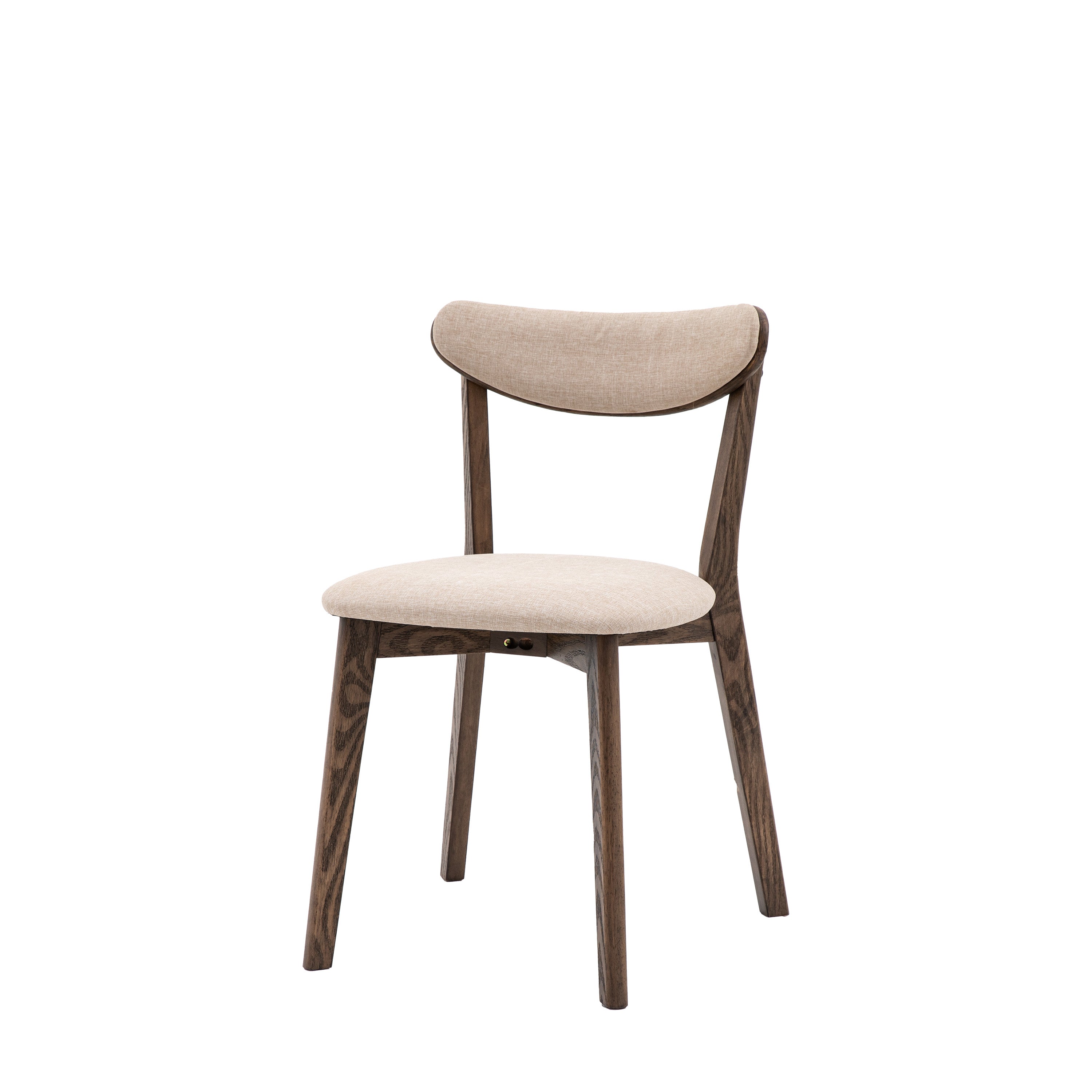 A full front view of a minimalist dining chair with light fabric and a dark wooden frame.