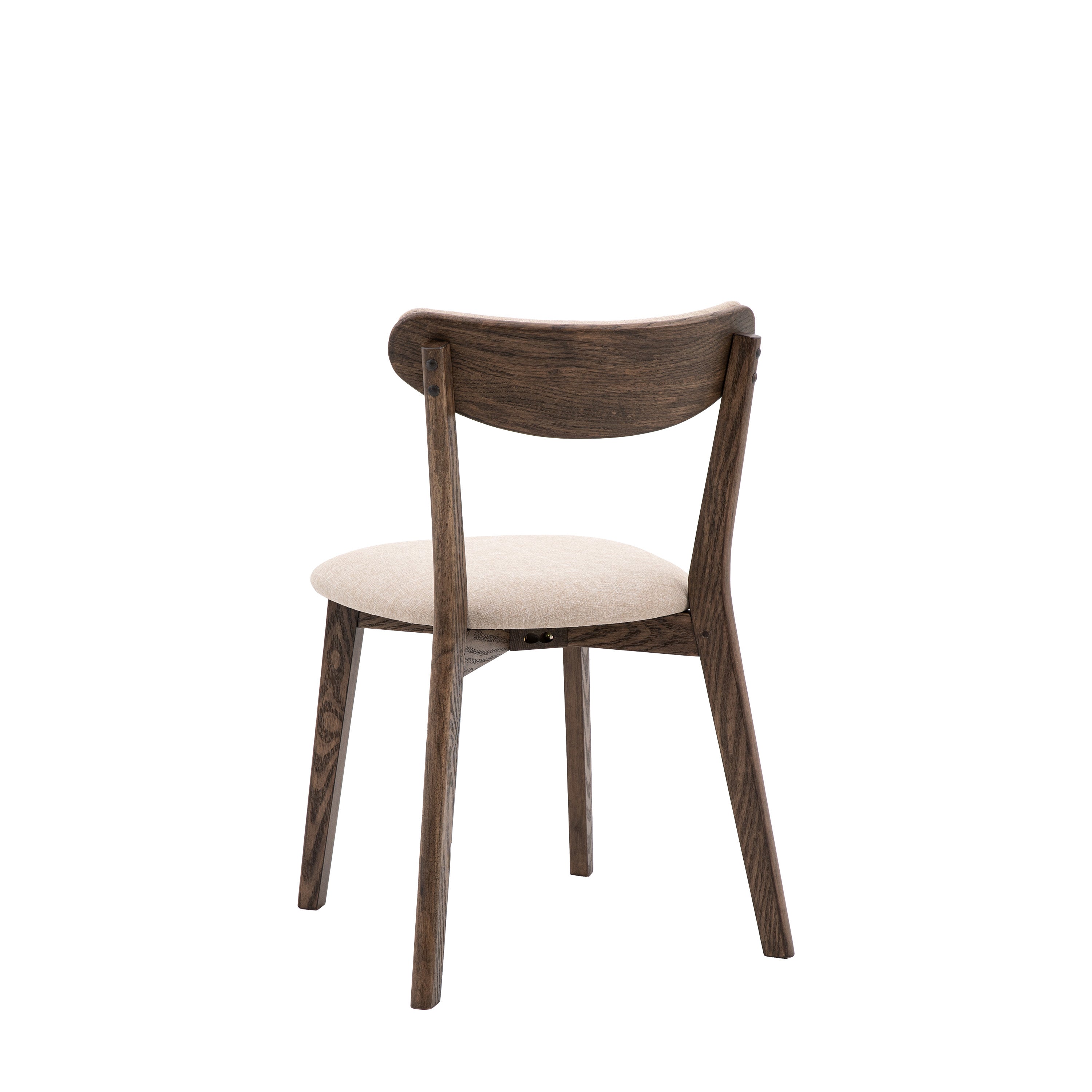 A back view of a dining chair, highlighting its elegant wooden frame and upholstered seat.