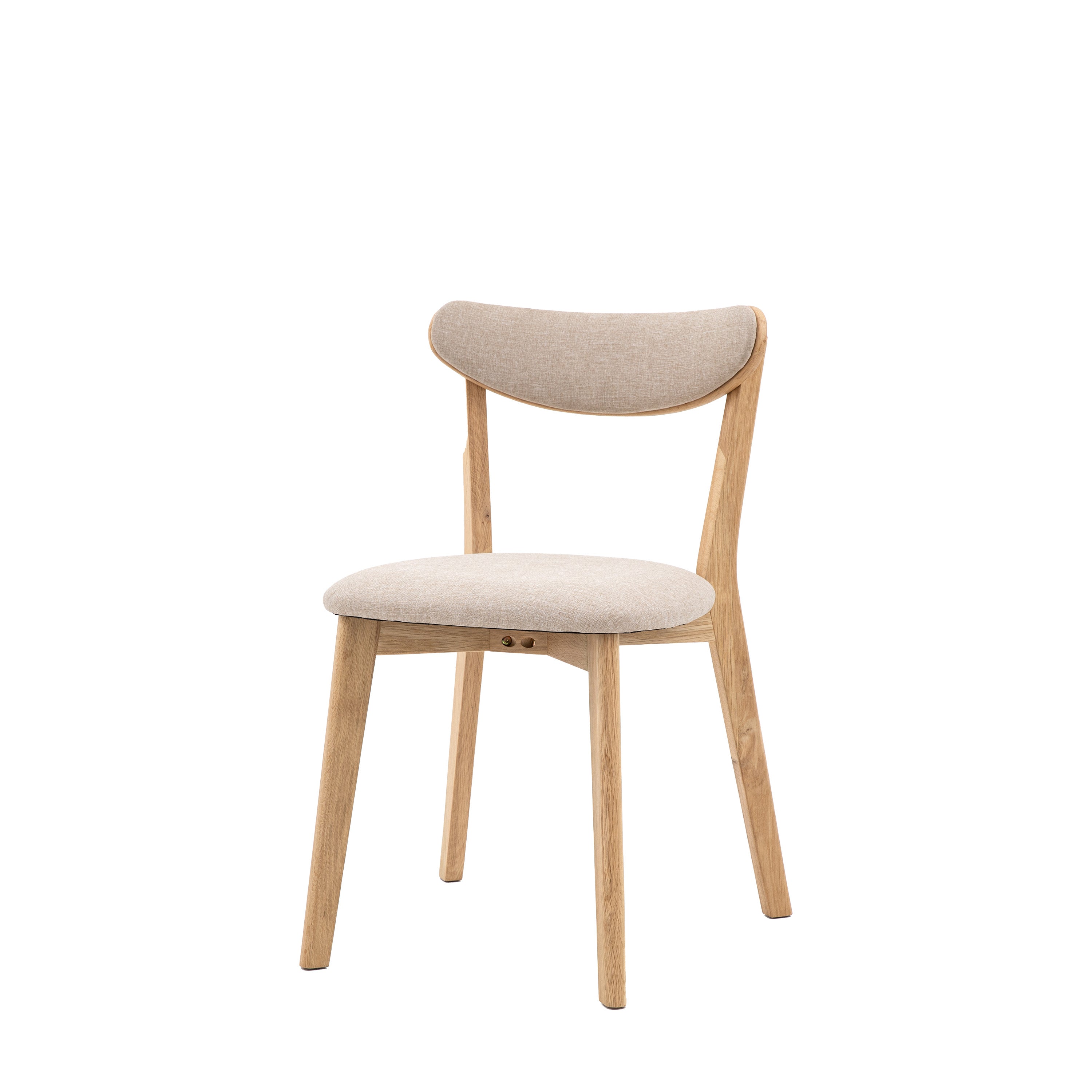 A front view of a light wood dining chair with a cream upholstered seat and back.