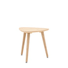 A light wood triangular side table with three legs on a white background.
