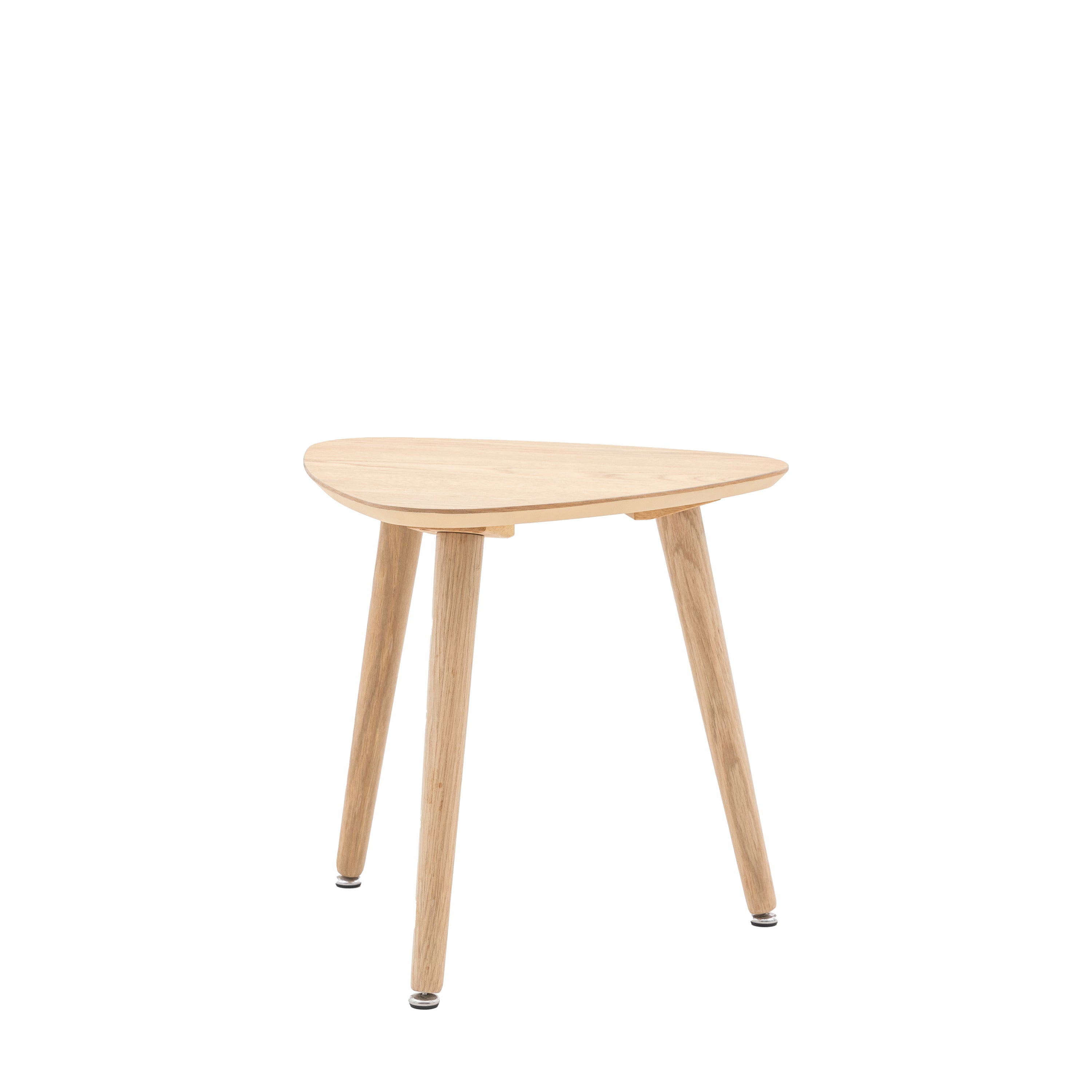A light wood triangular side table with three legs on a white background.