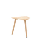 A light wood triangular side table with three legs on a white background.